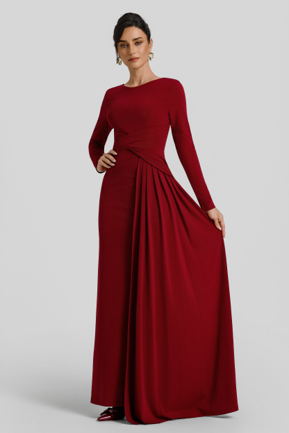 Solid Ruched Long Sleeve Maxi Dress