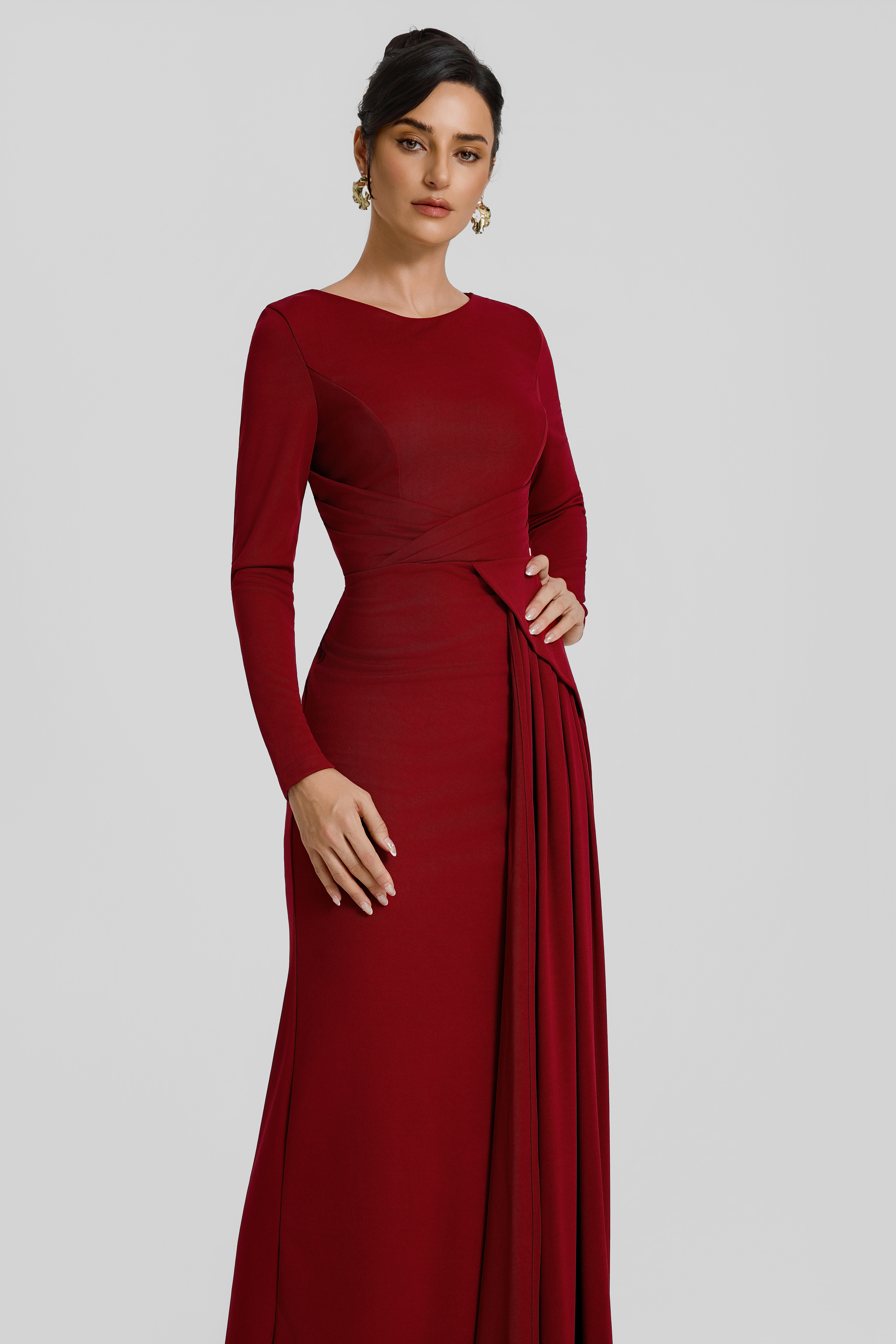 Solid Ruched Long Sleeve Maxi Dress