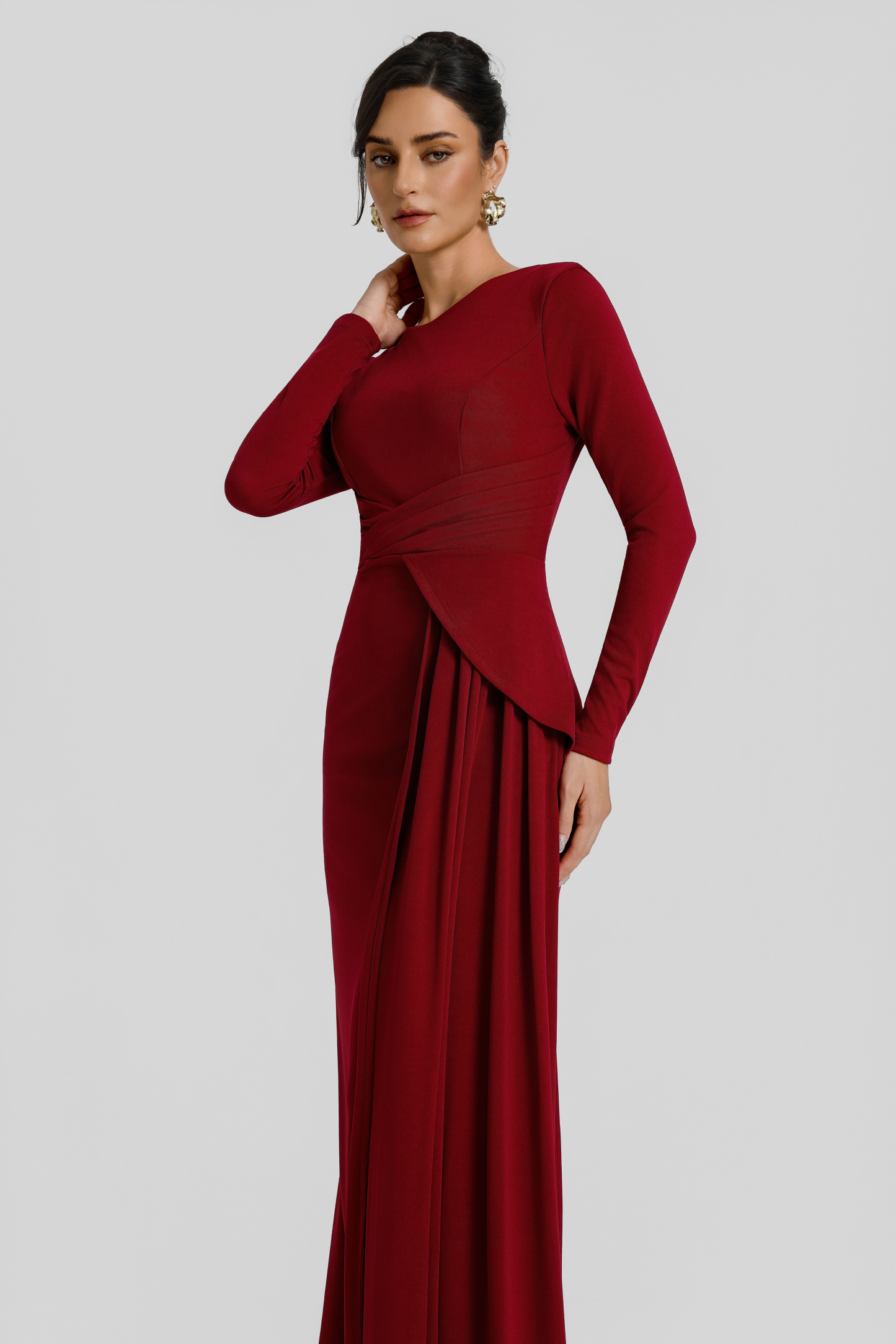 Solid Ruched Long Sleeve Maxi Dress