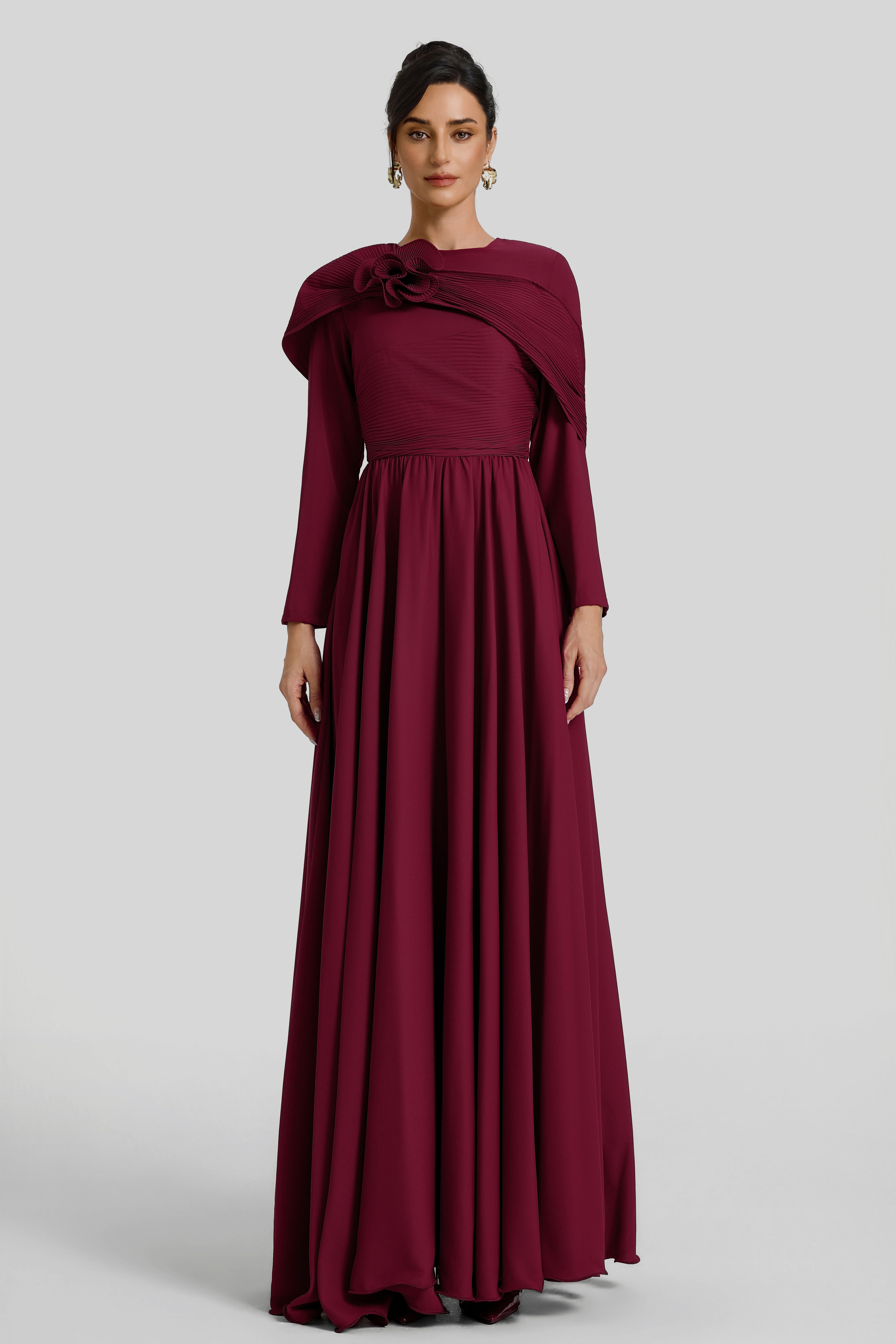 Solid Ruched 3D Flower Maxi Dress