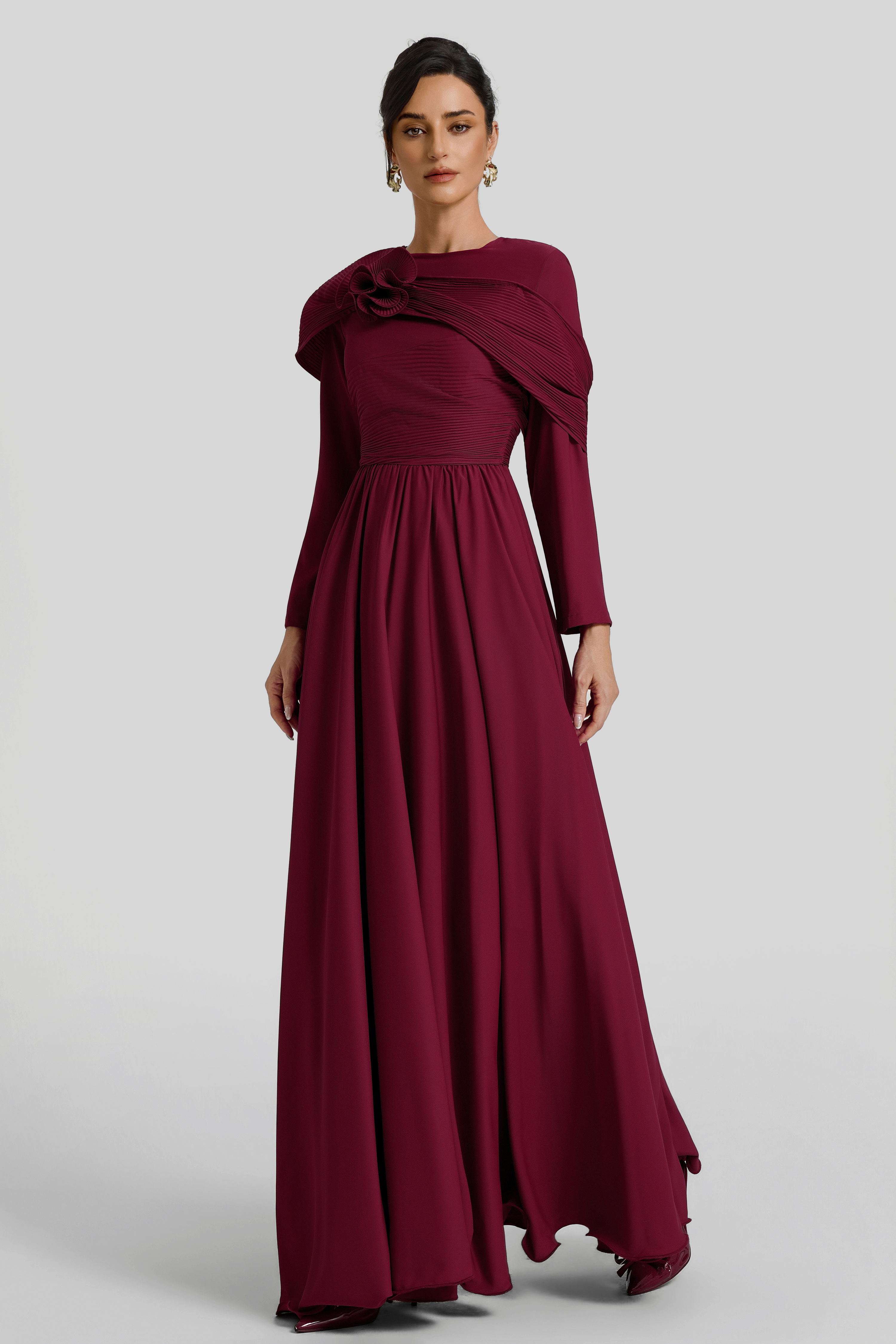 Solid Ruched 3D Flower Maxi Dress