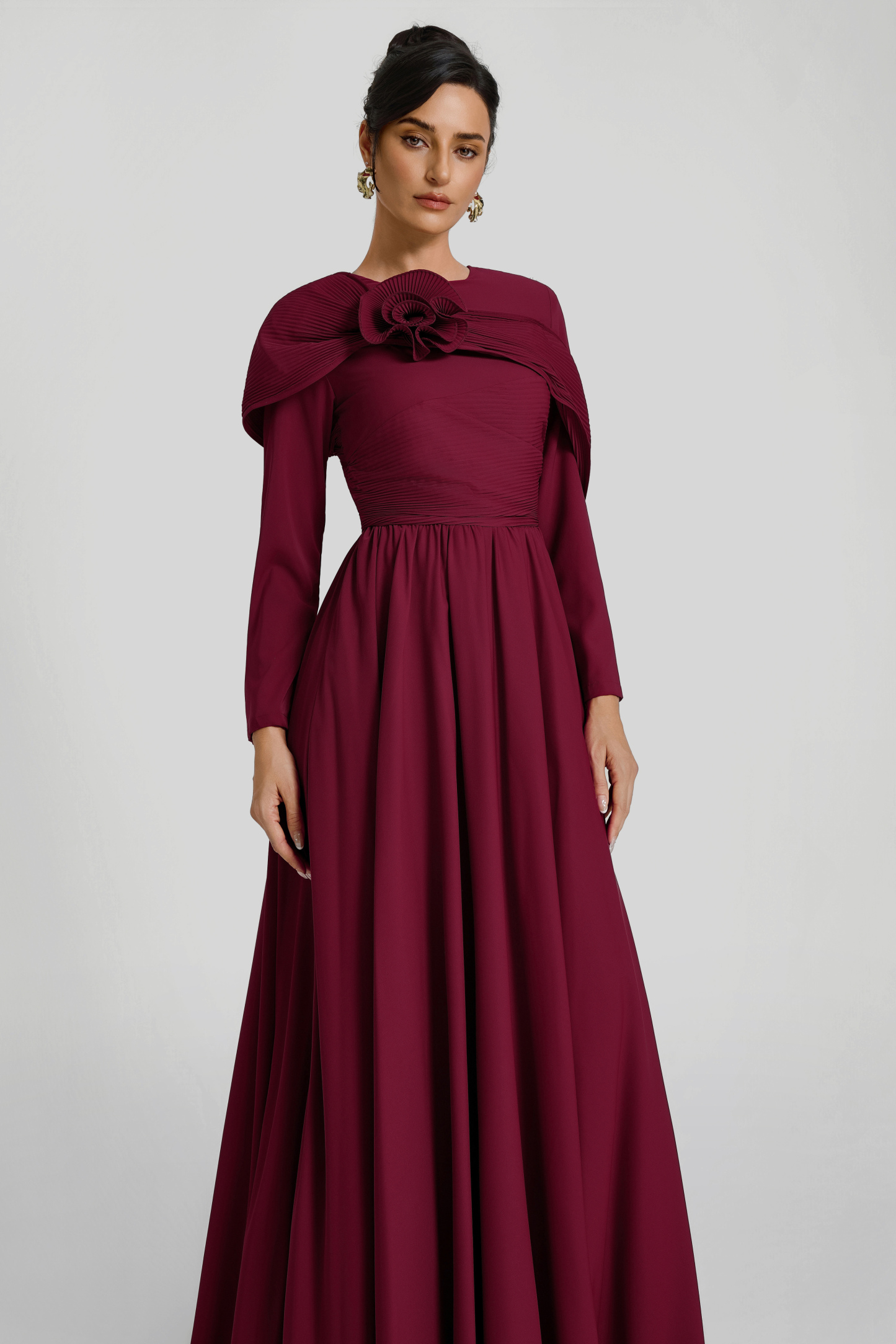Solid Ruched 3D Flower Maxi Dress
