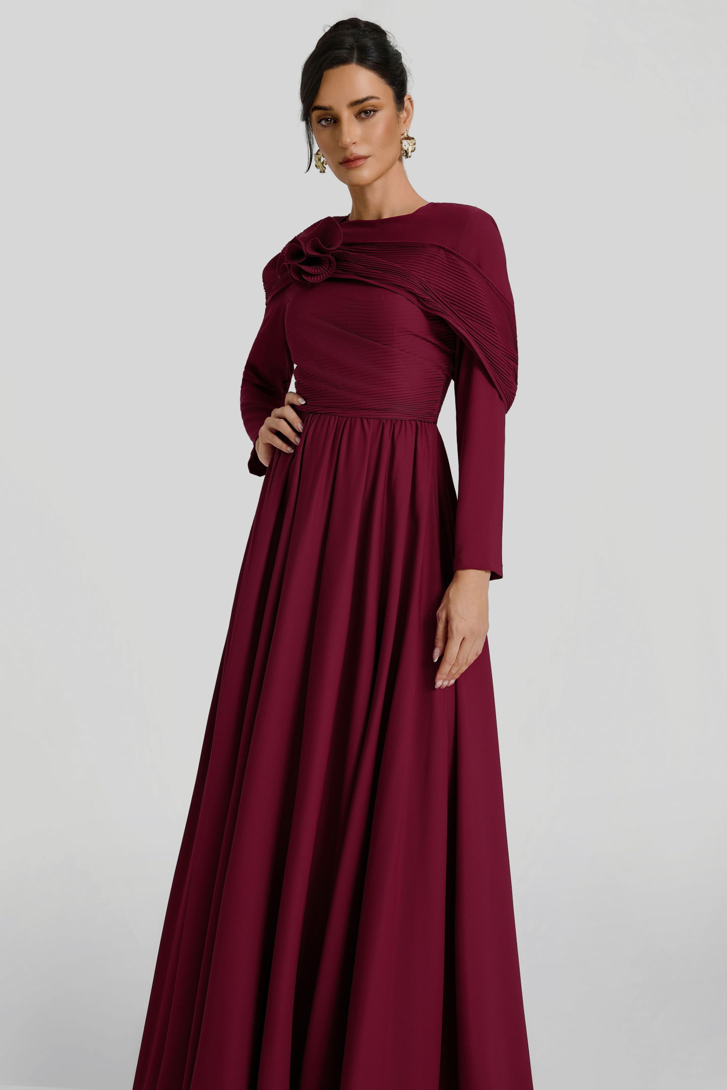 Solid Ruched 3D Flower Maxi Dress