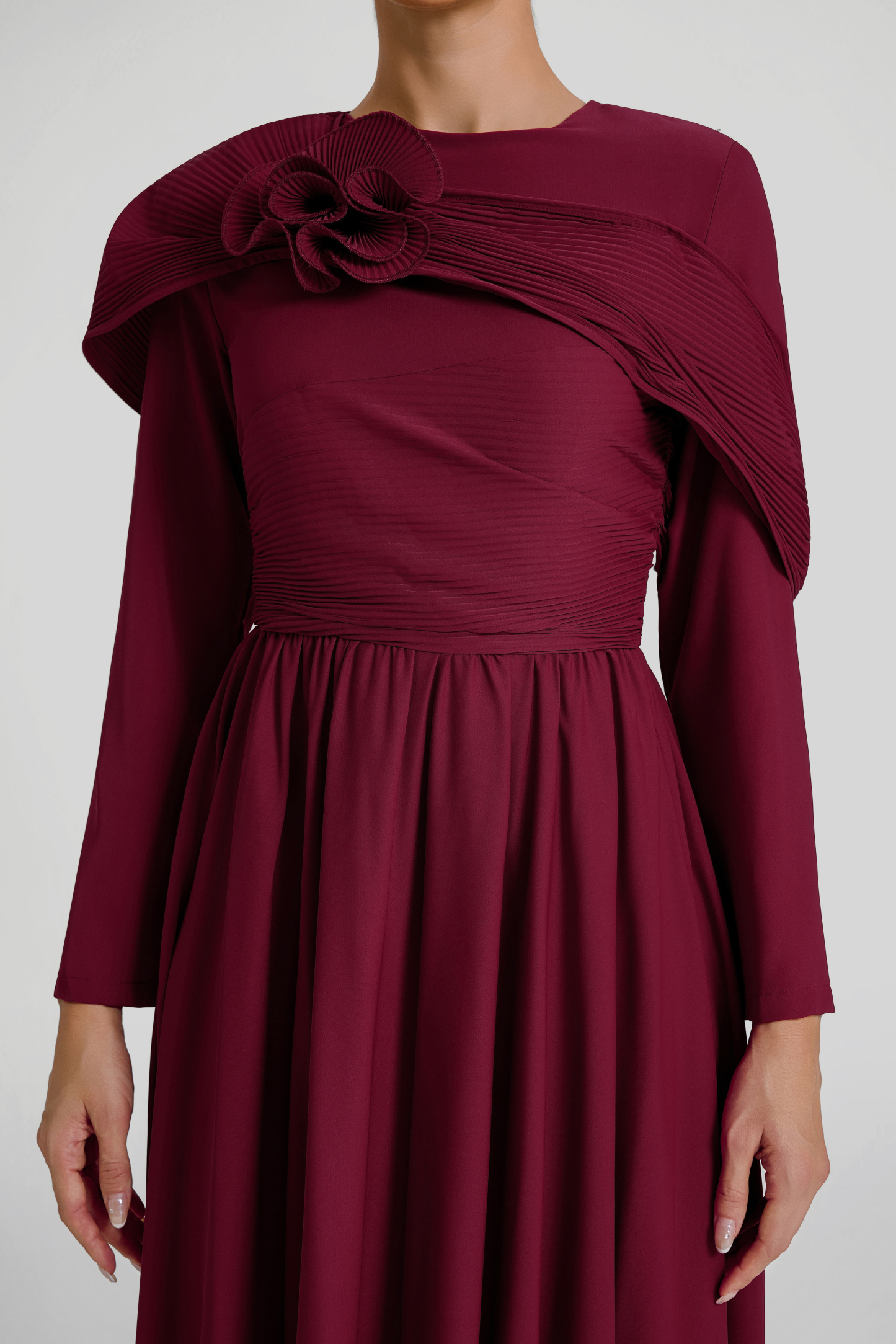 Solid Ruched 3D Flower Maxi Dress