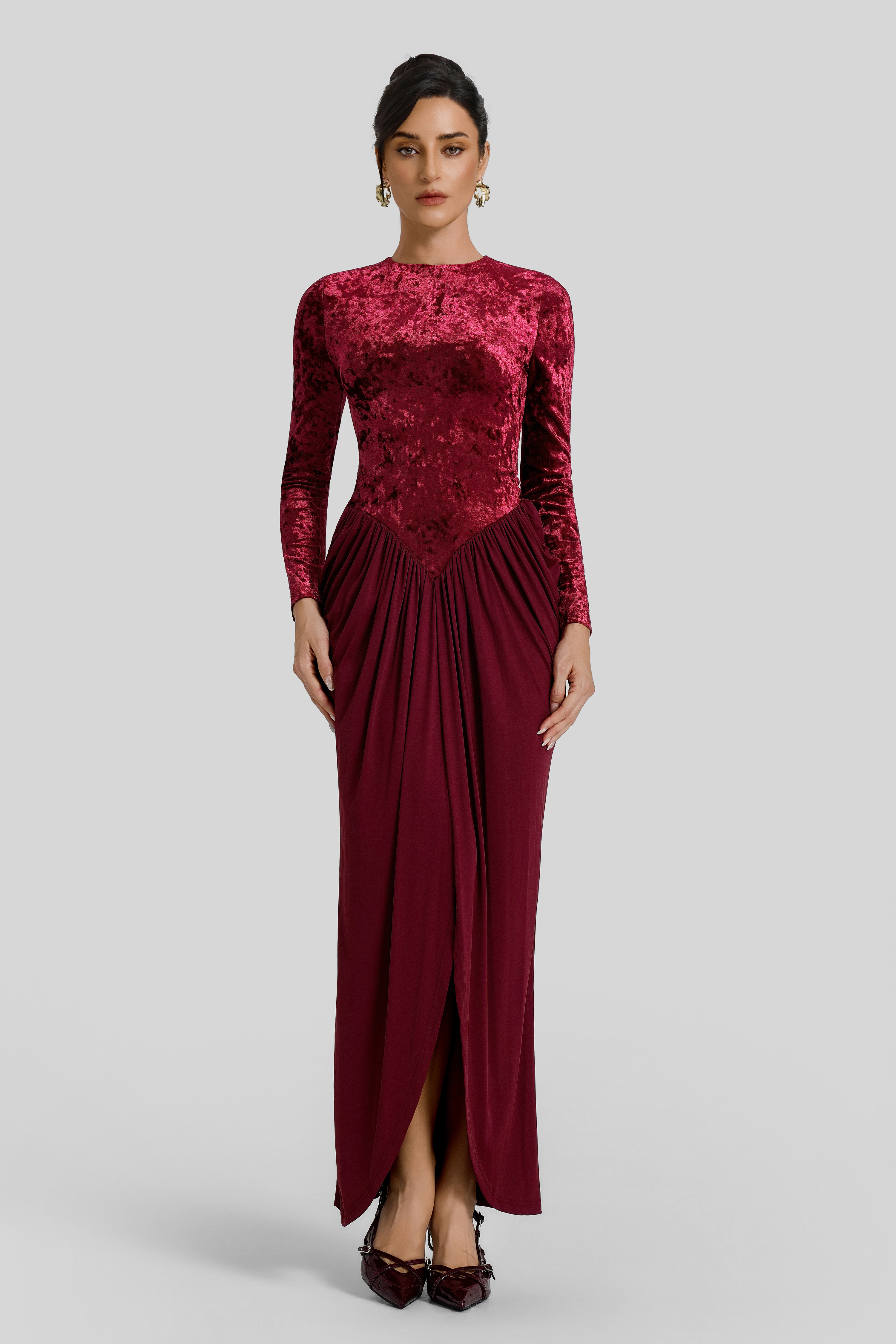 Velvet Round Neck Gathering Maxi Dress