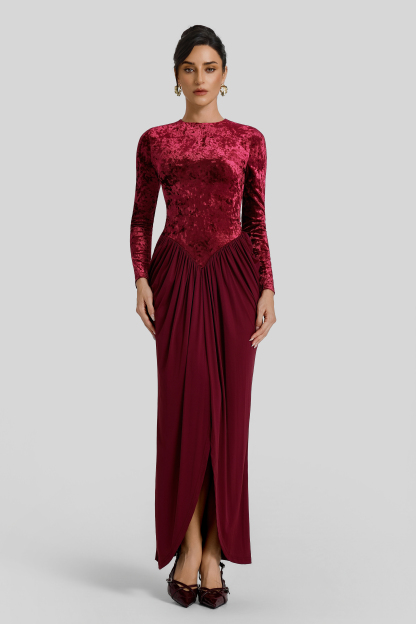 Velvet Round Neck Gathering Maxi Dress