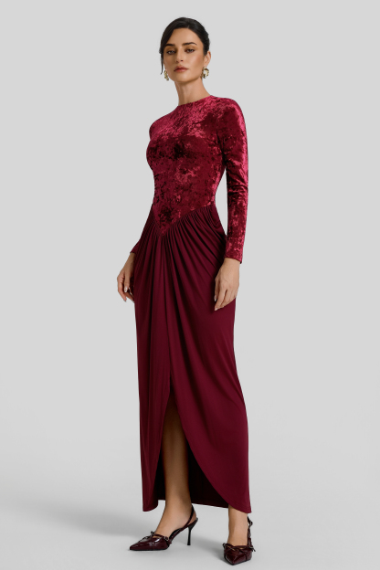 Velvet Round Neck Gathering Maxi Dress