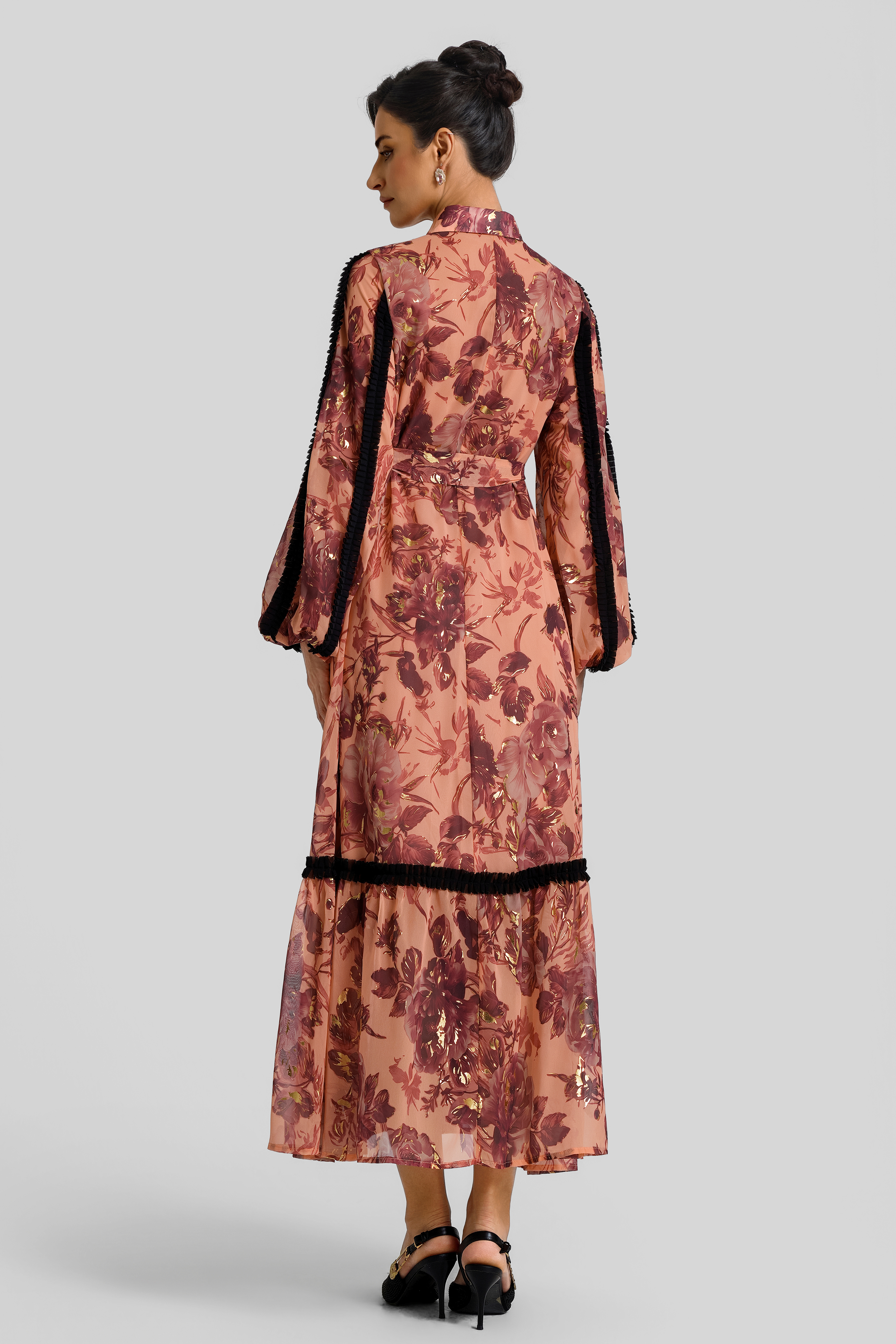 Gold Foil Stamping Floral Rhinestone Trim Midi Dress