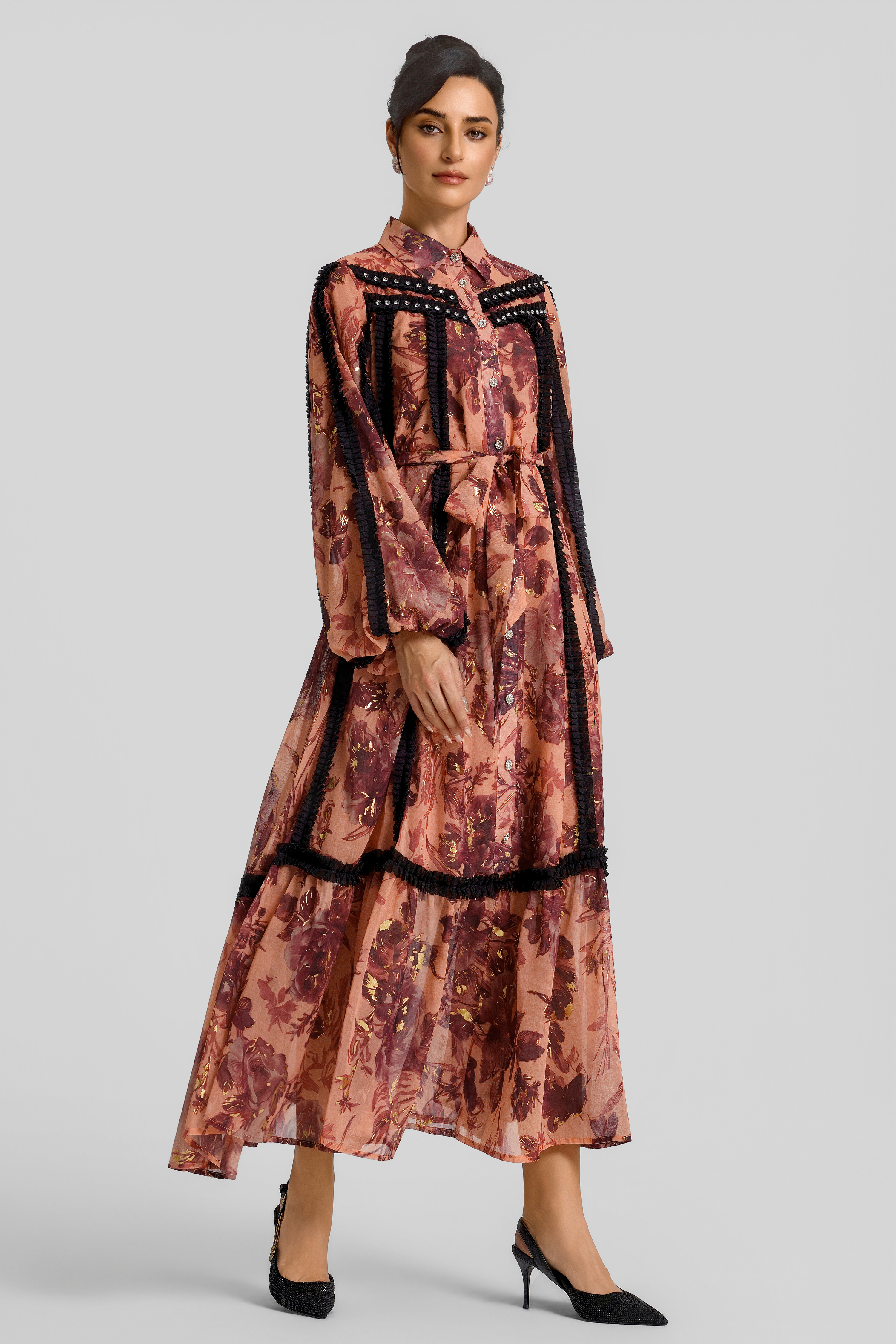 Gold Foil Stamping Floral Rhinestone Trim Midi Dress