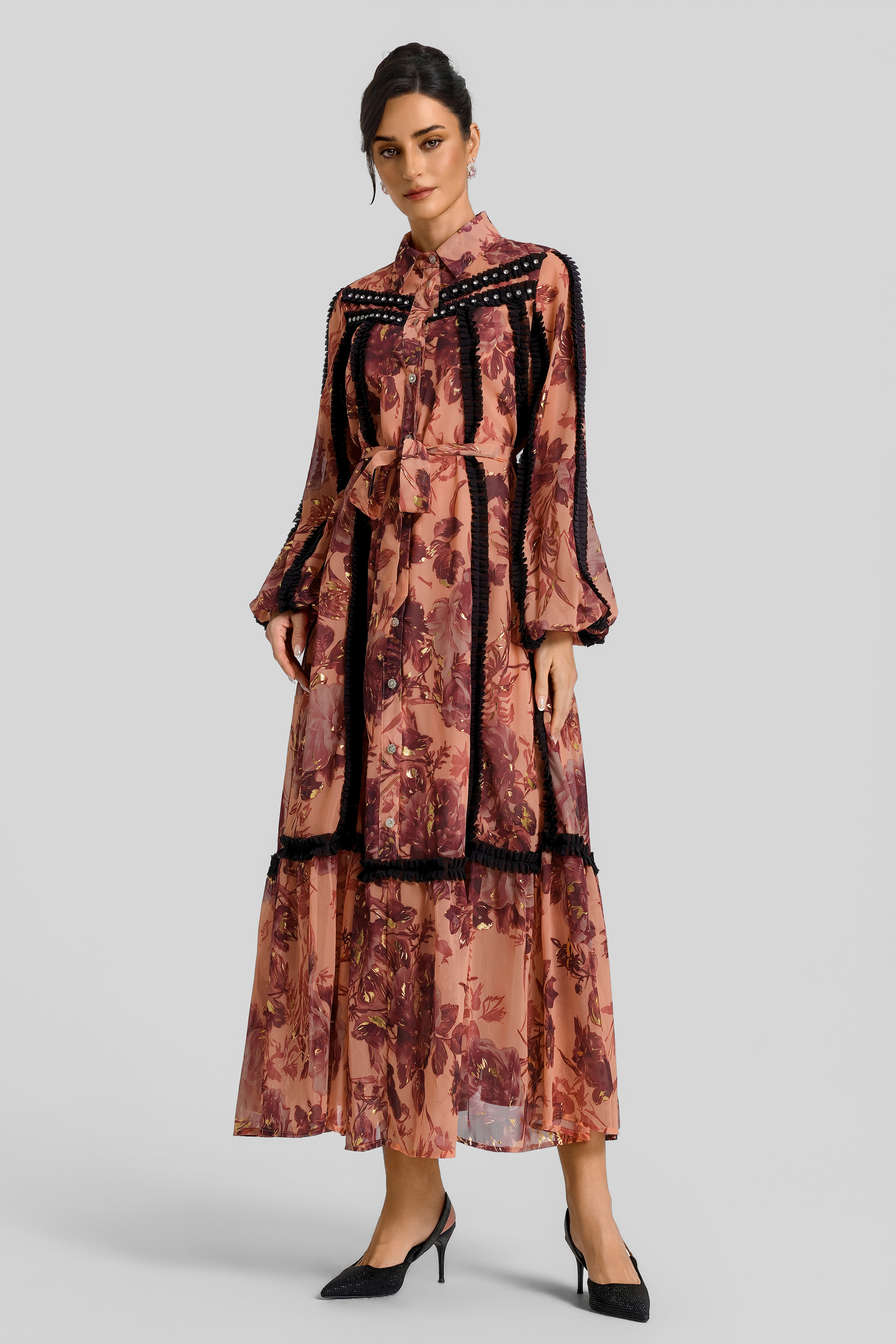 Gold Foil Stamping Floral Rhinestone Trim Midi Dress
