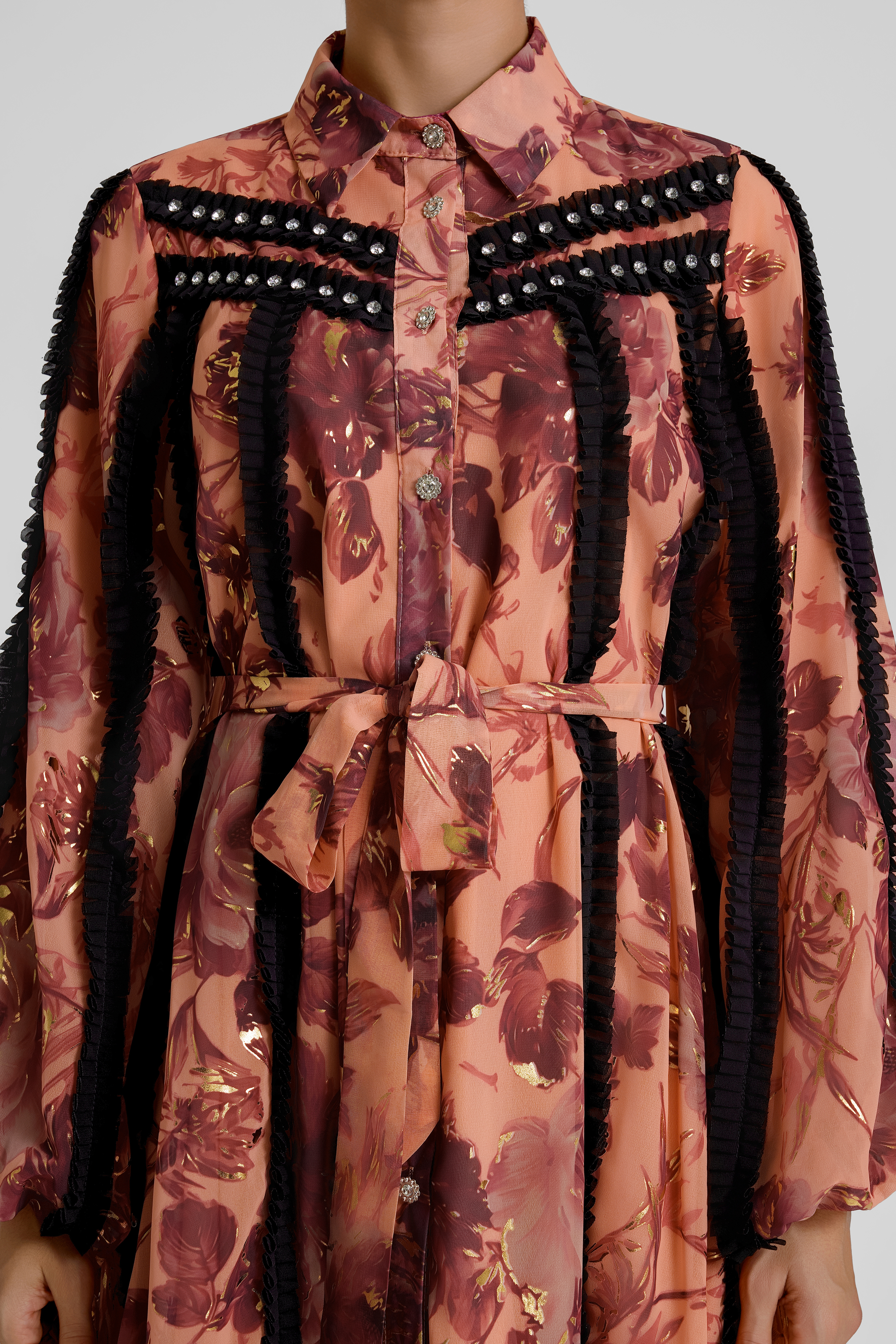 Gold Foil Stamping Floral Rhinestone Trim Midi Dress