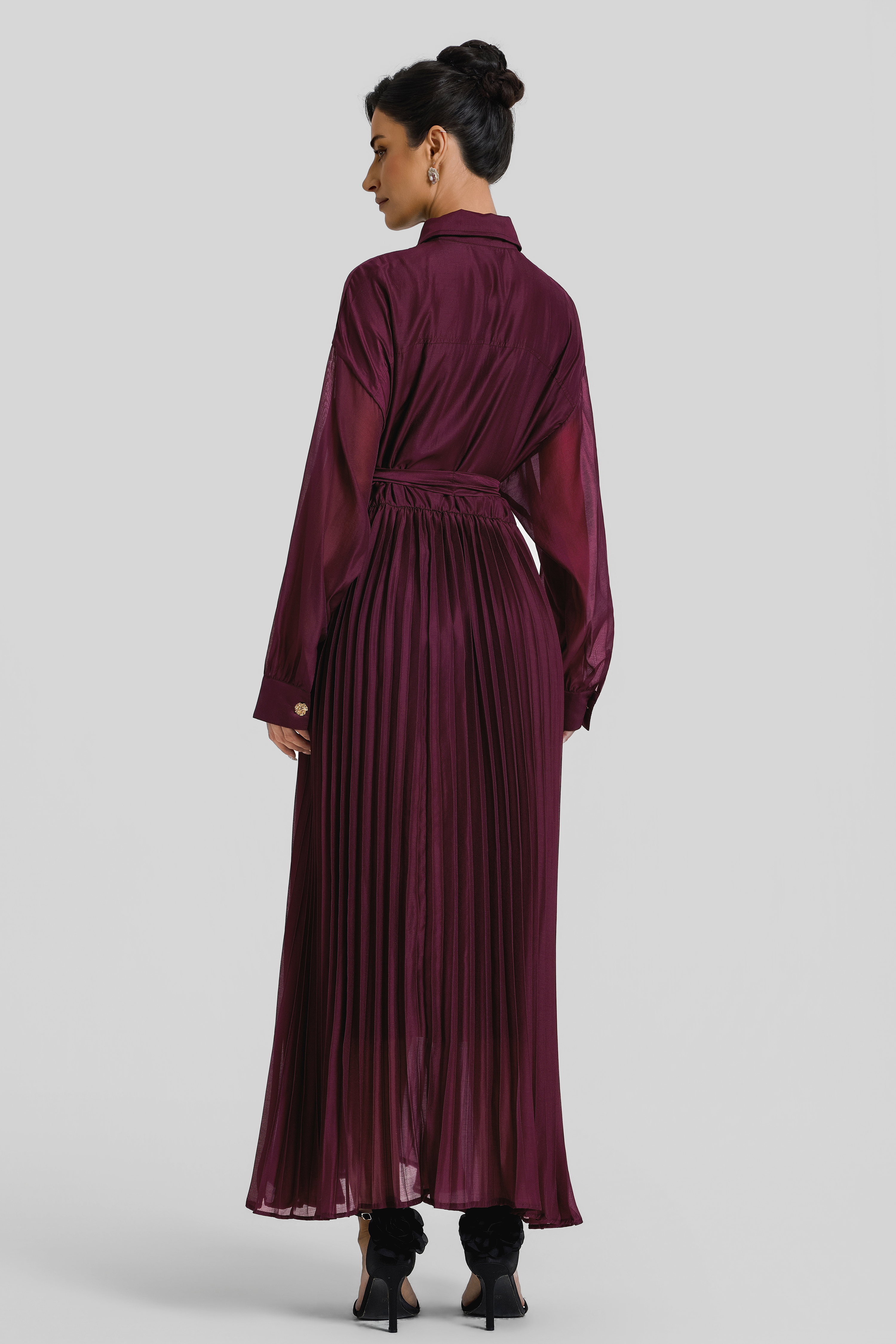 Pleated Flapped Long Sleeve Midi Dress With Belt