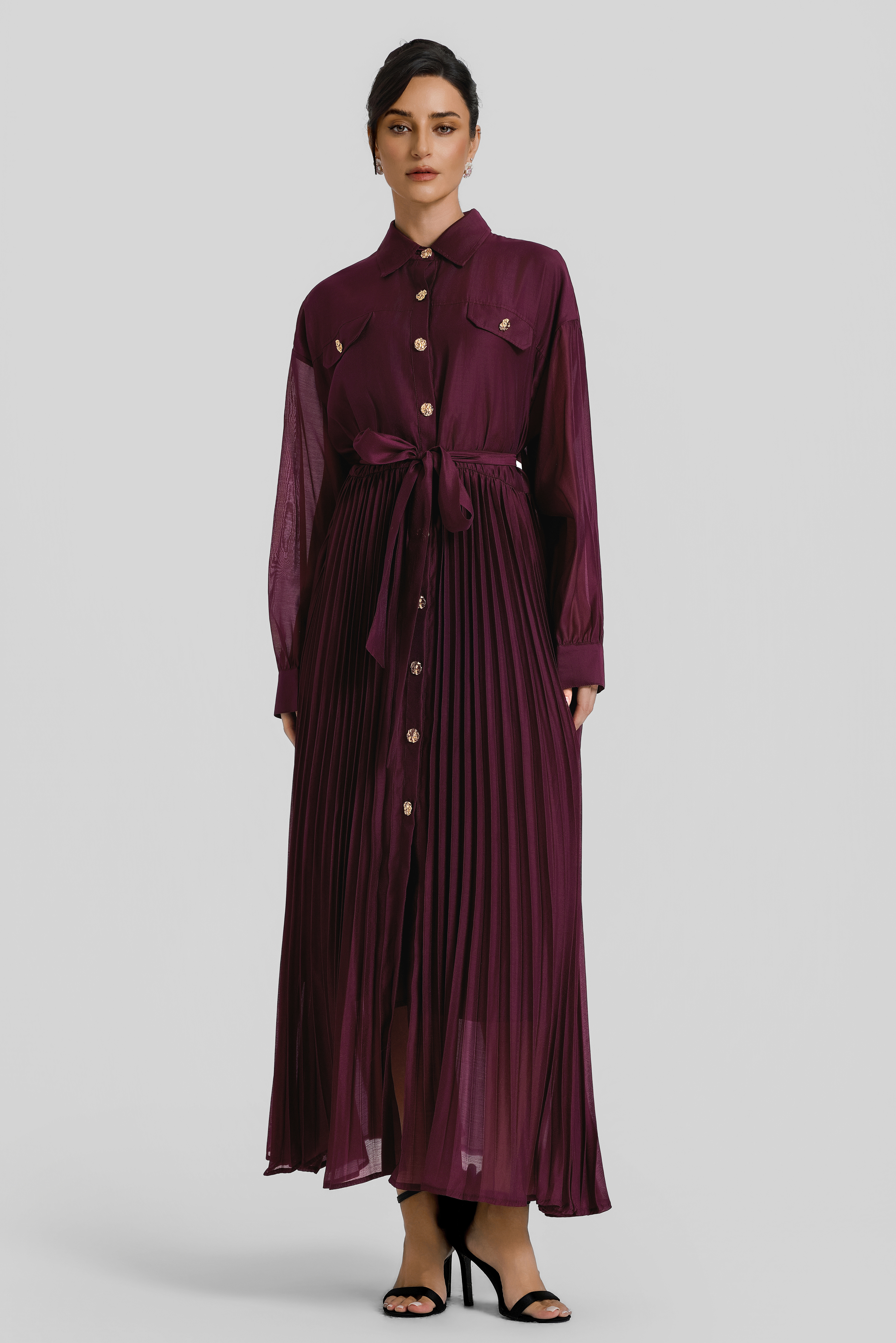 Pleated Flapped Long Sleeve Midi Dress With Belt