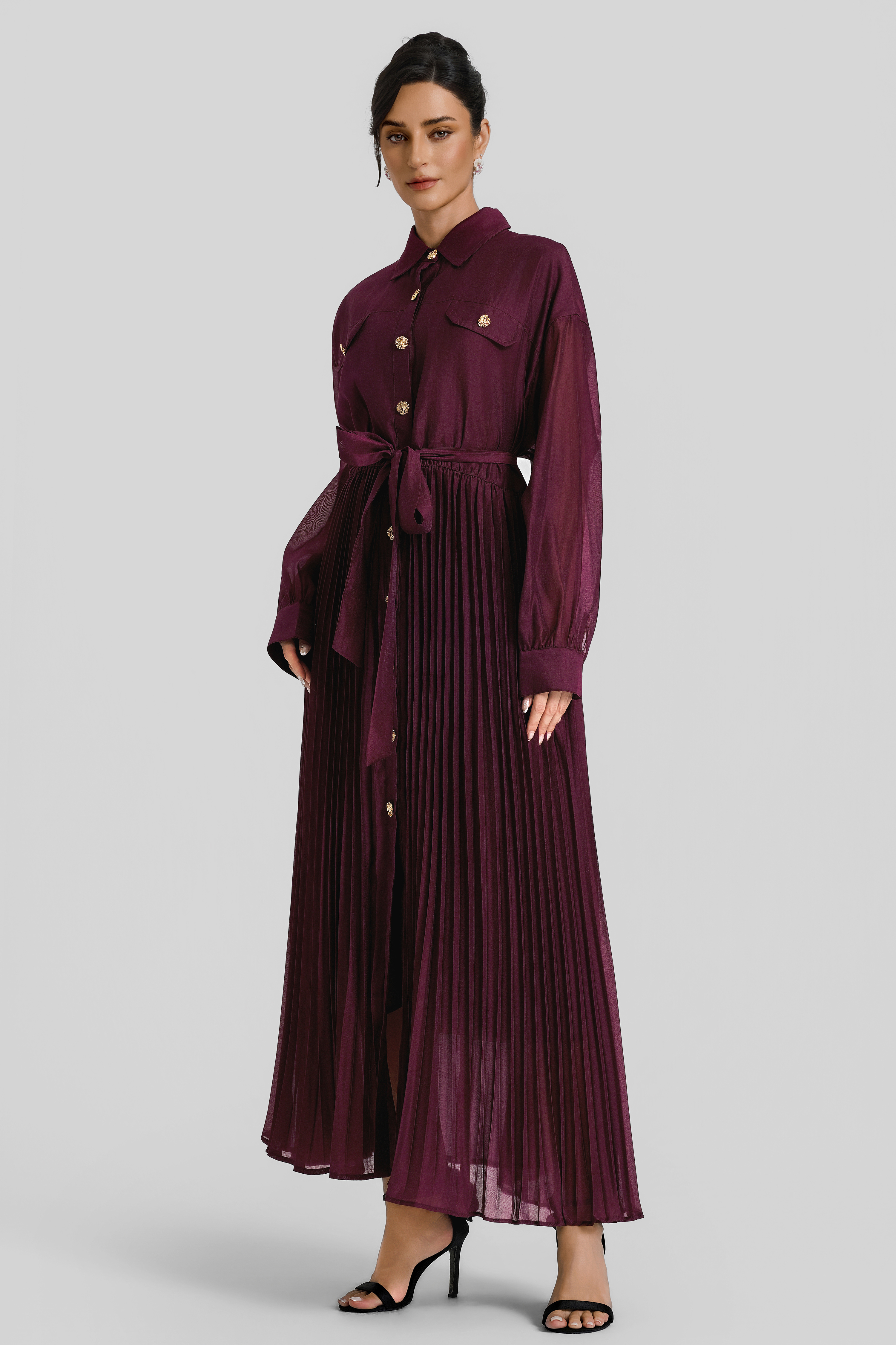 Pleated Flapped Long Sleeve Midi Dress With Belt
