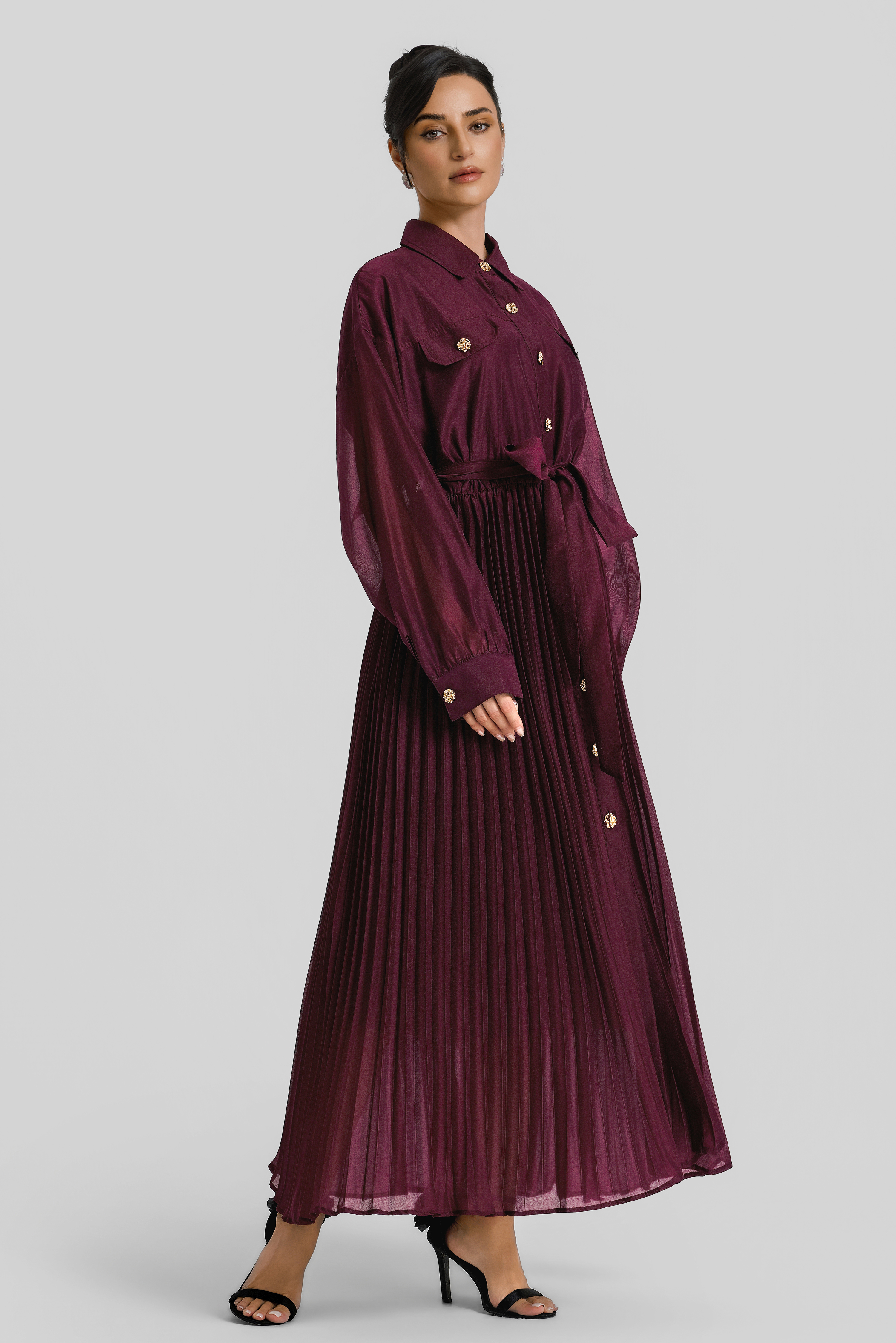 Pleated Flapped Long Sleeve Midi Dress With Belt