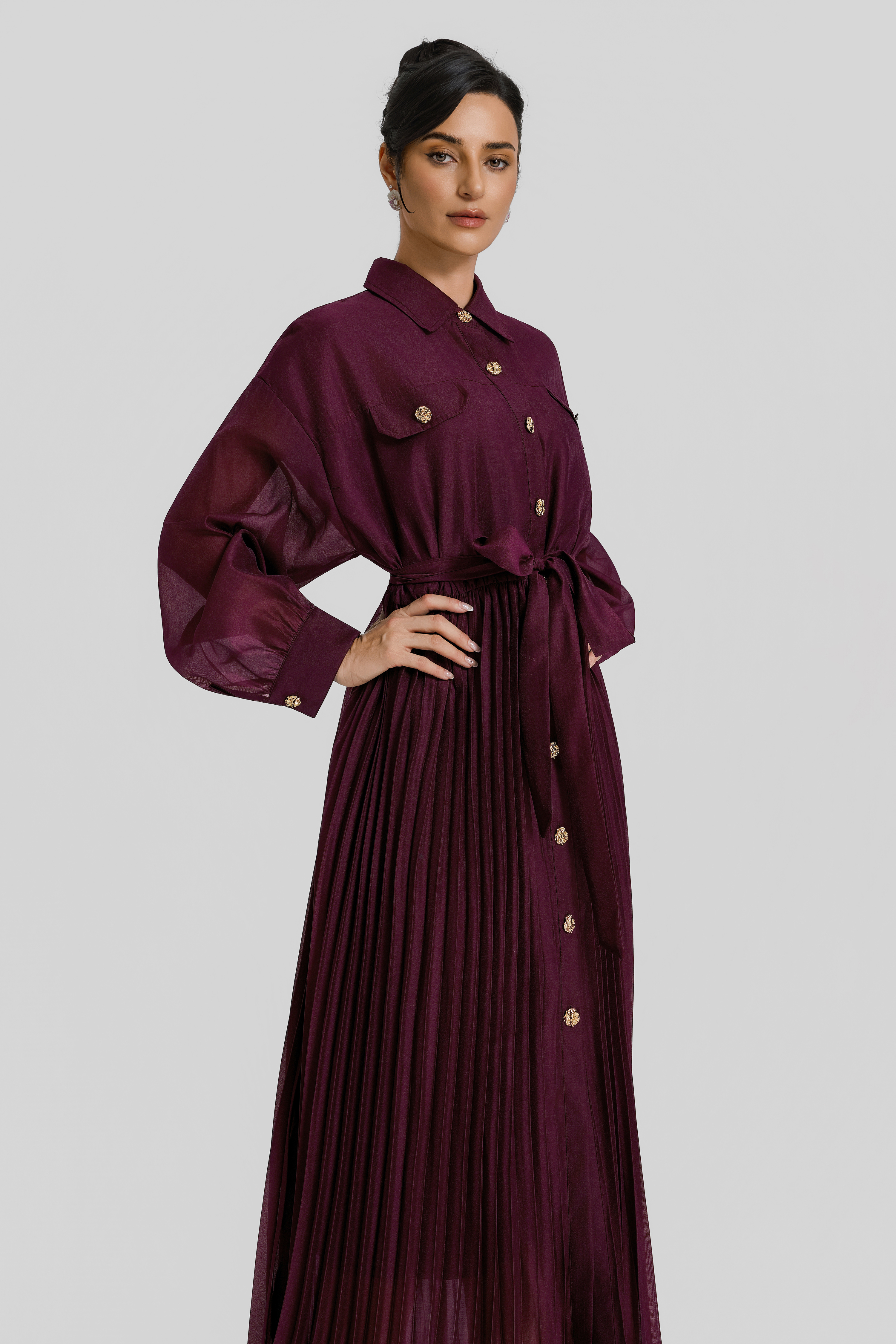 Pleated Flapped Long Sleeve Midi Dress With Belt