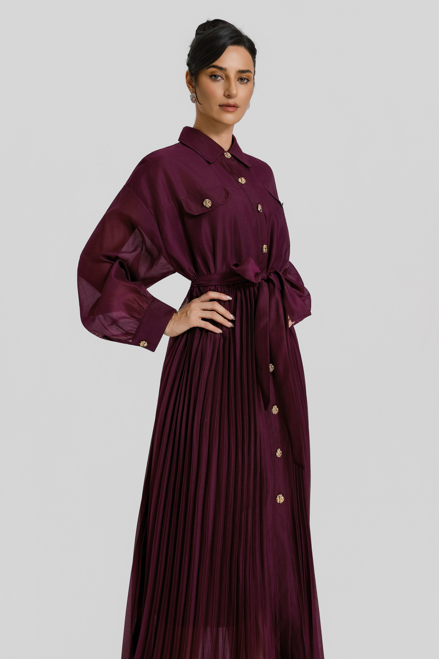 Pleated Flapped Long Sleeve Midi Dress With Belt