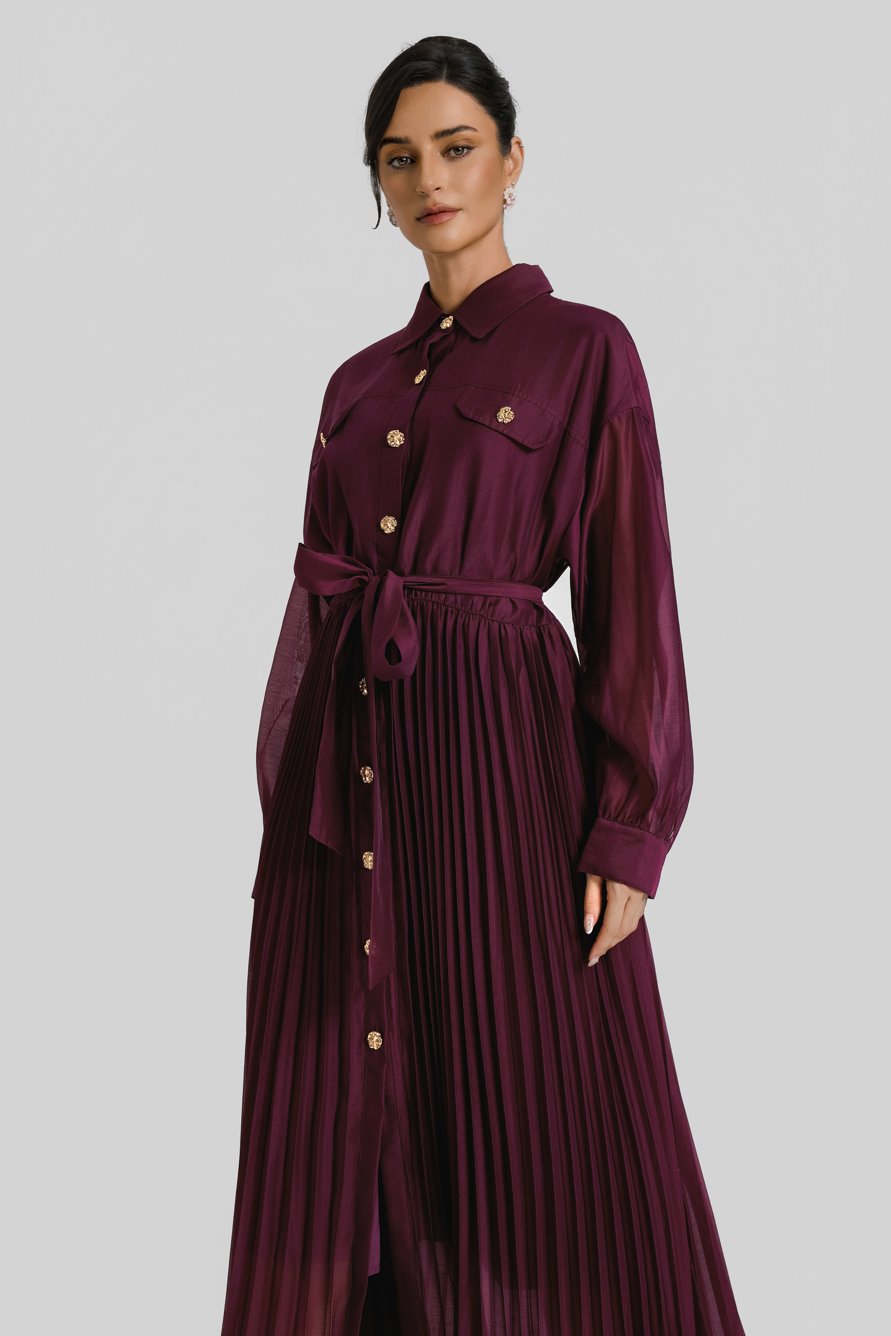 Pleated Flapped Long Sleeve Midi Dress With Belt