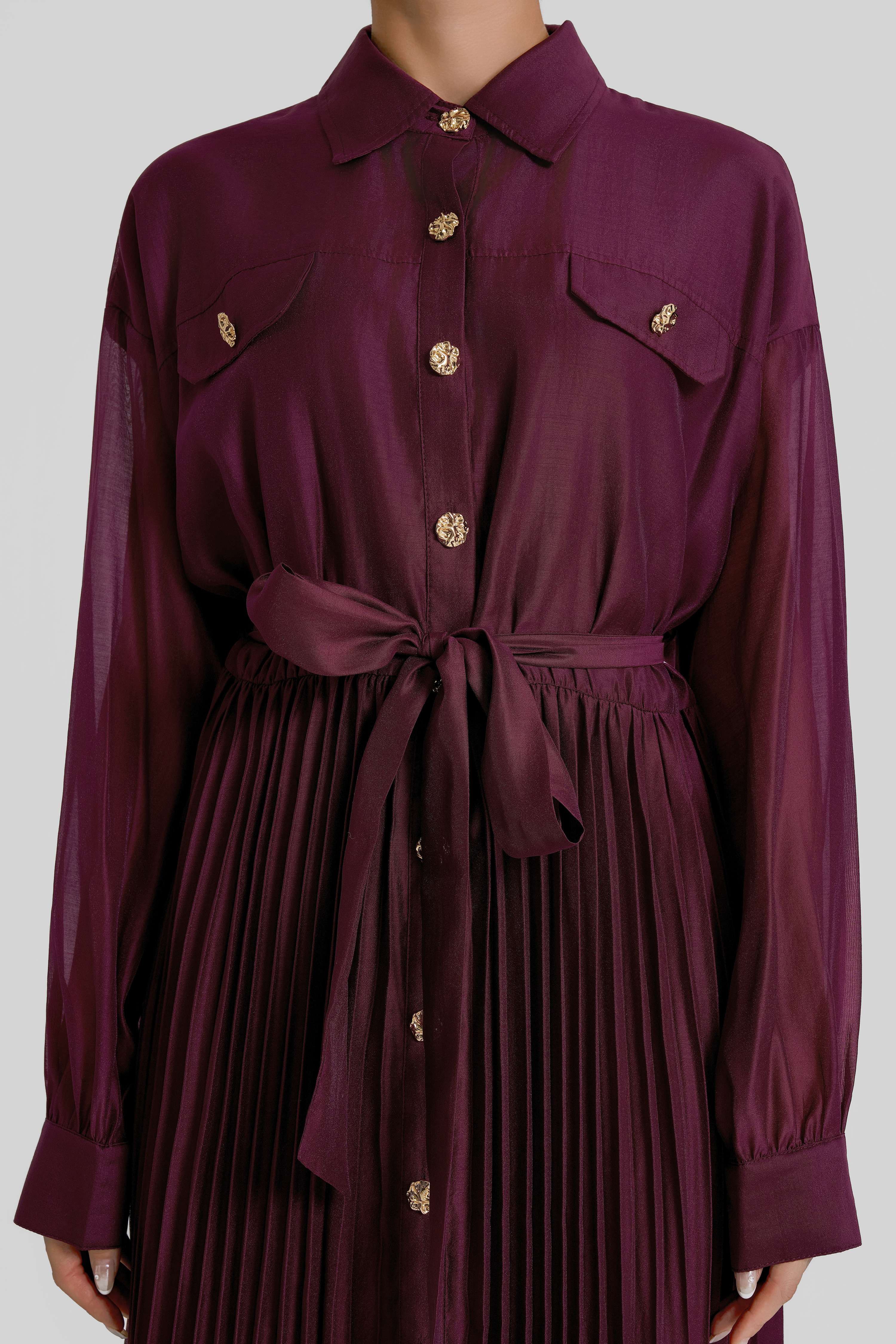 Pleated Flapped Long Sleeve Midi Dress With Belt