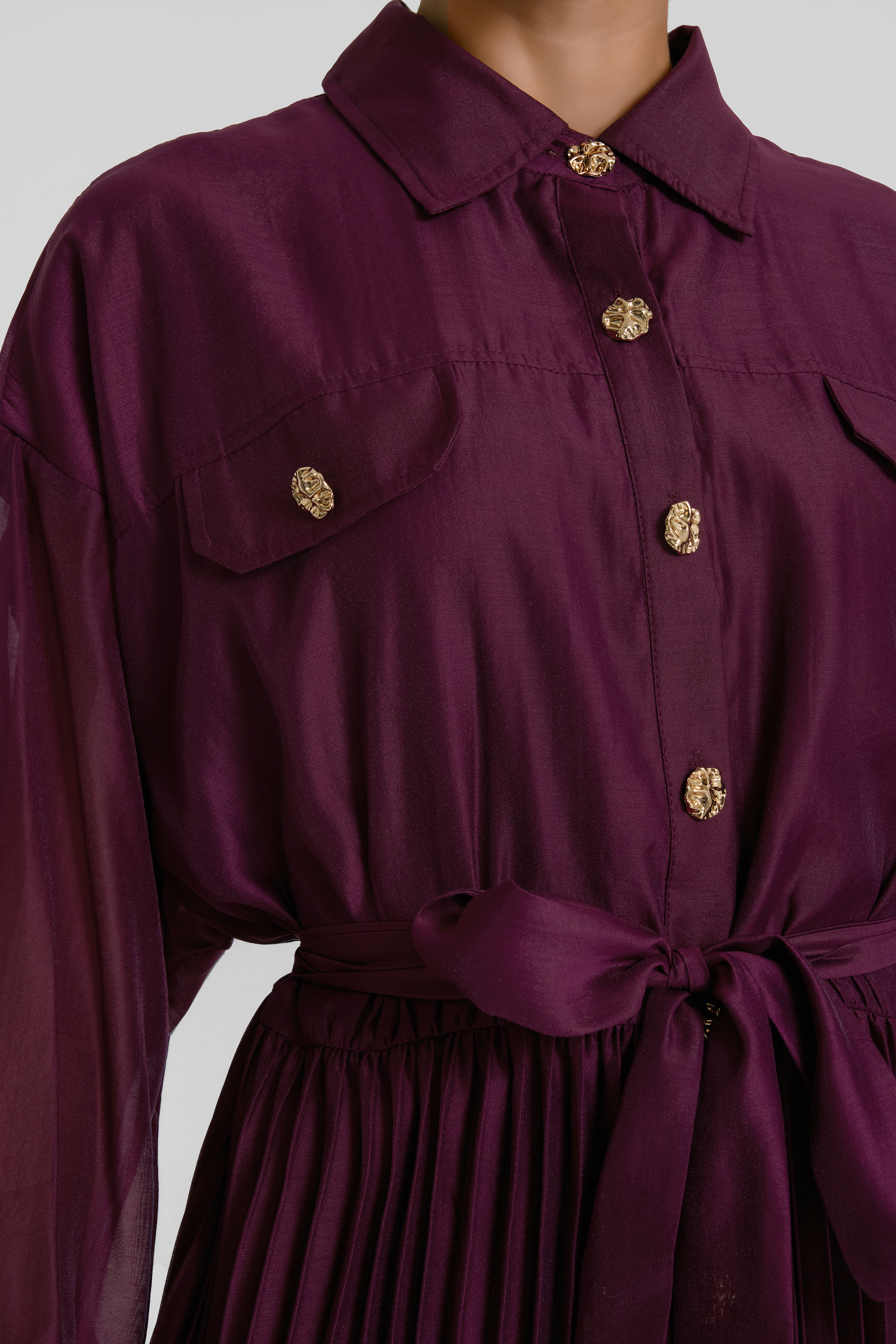 Pleated Flapped Long Sleeve Midi Dress With Belt