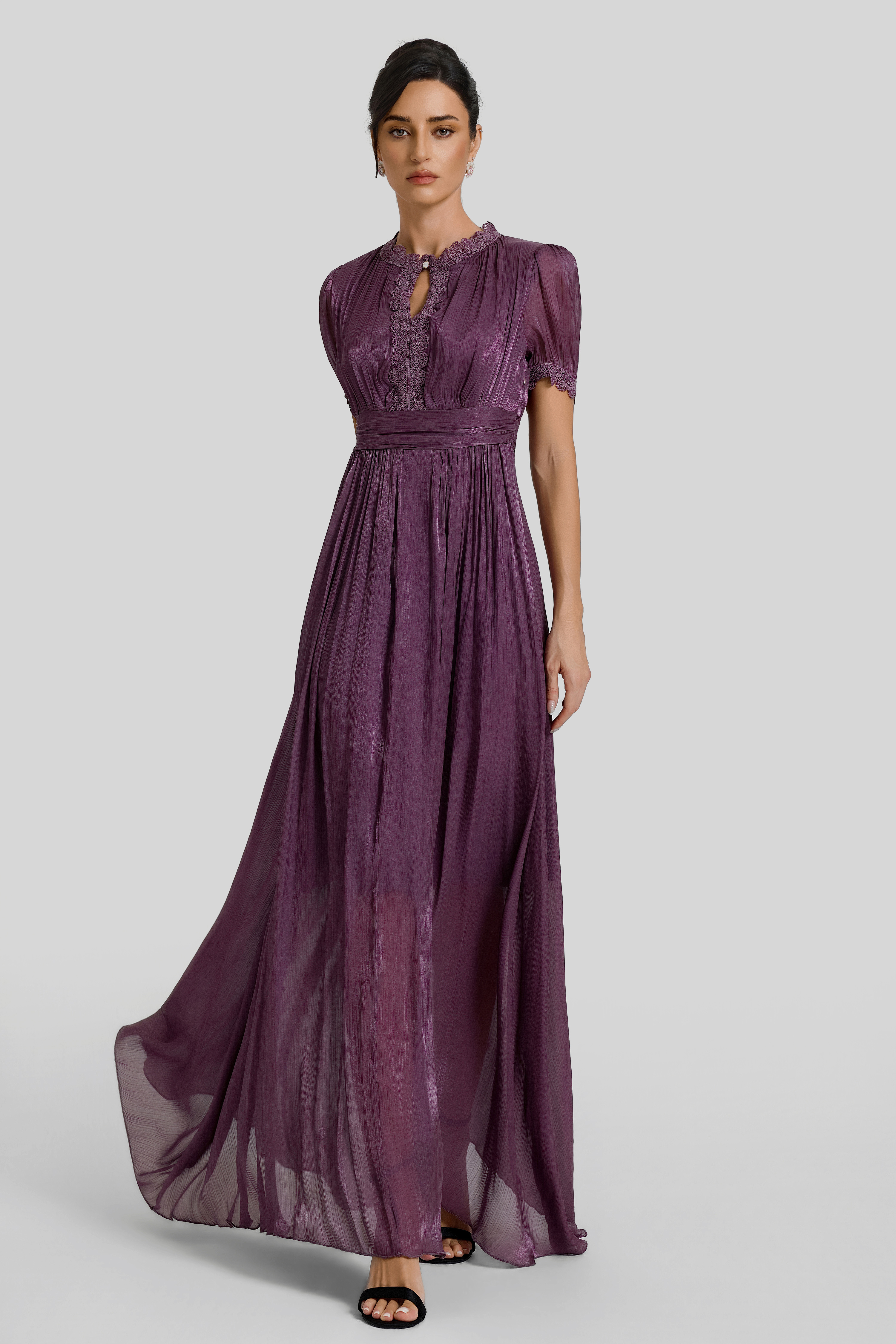 Lace Splicing Gathering Midi Dress