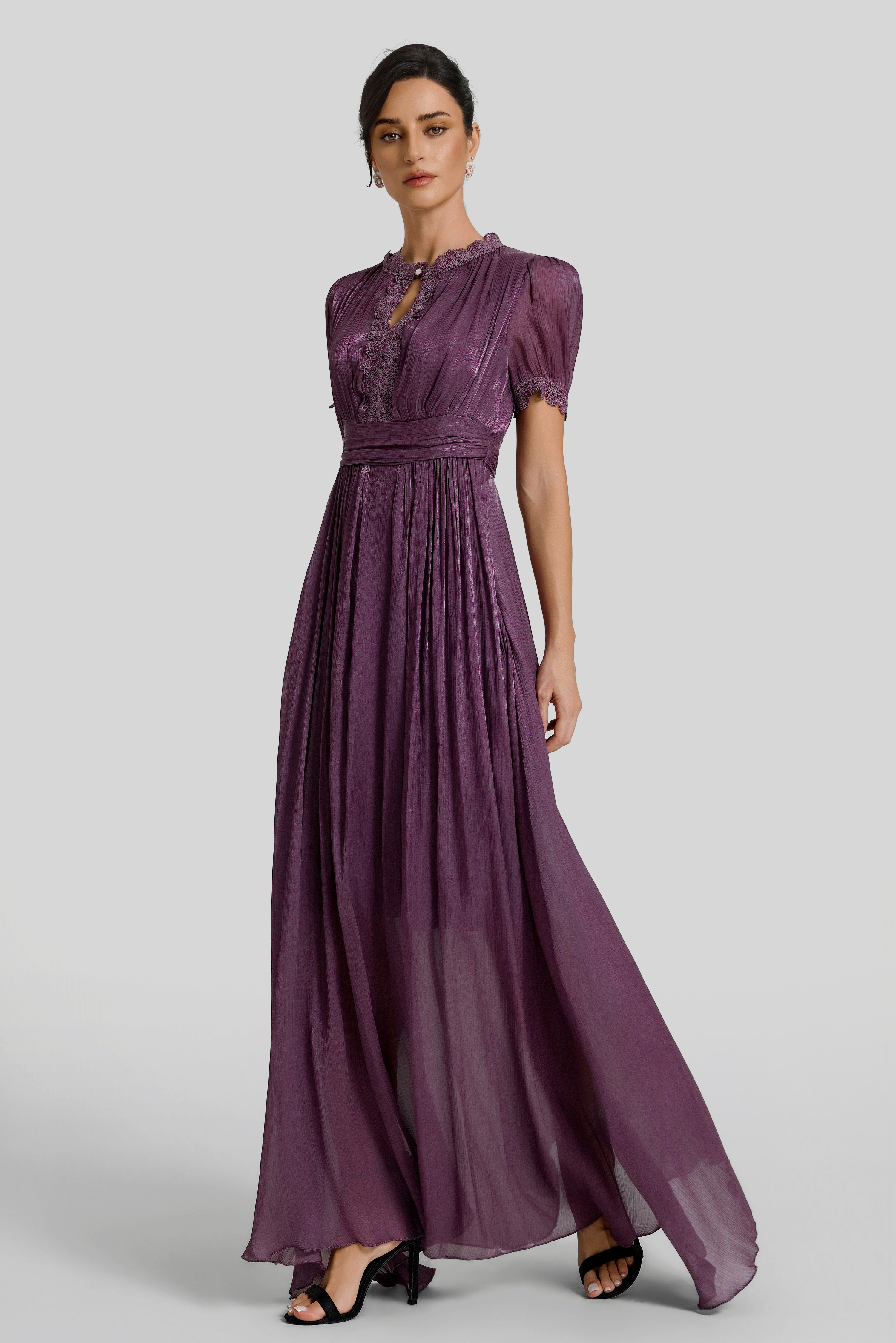 Lace Splicing Gathering Midi Dress