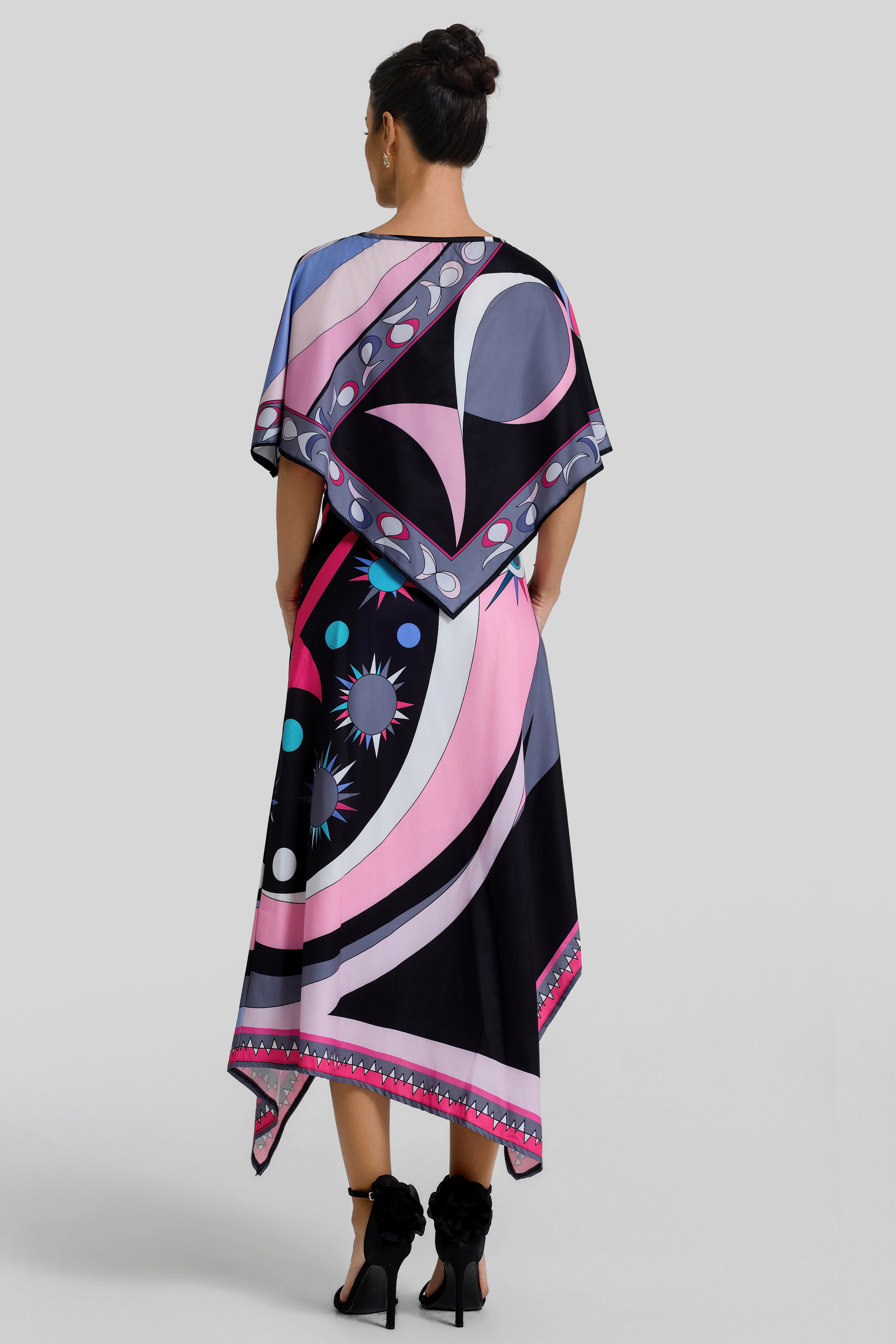 Scarf Print Cape Top & Slit High Waist Midi Skirt Set