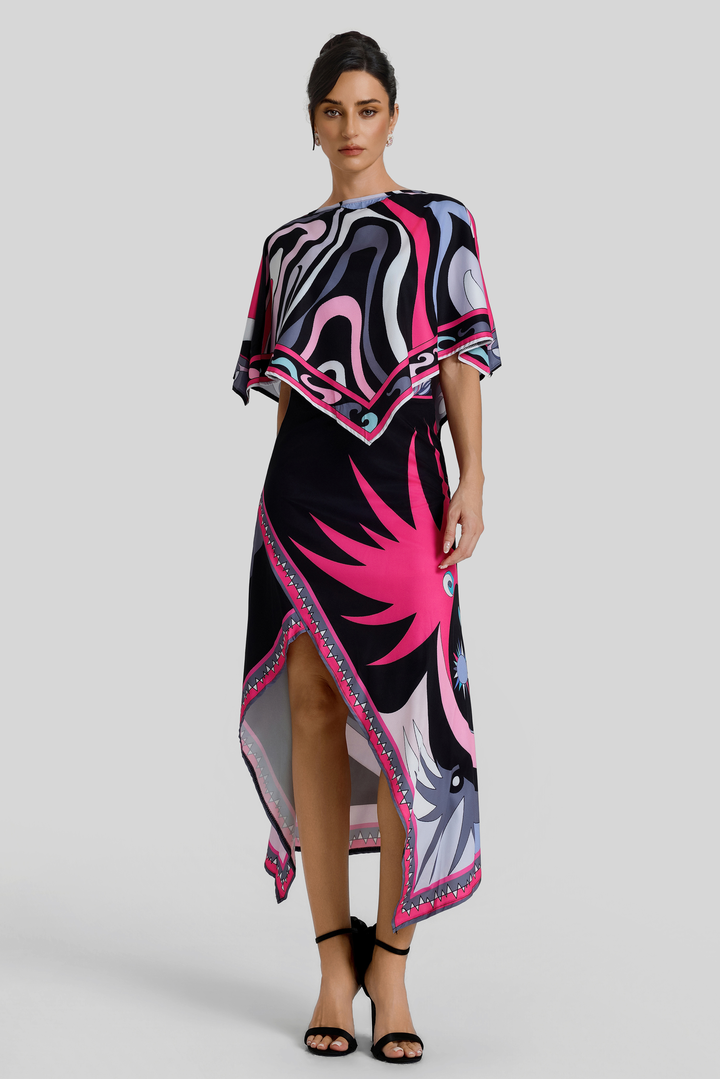 Scarf Print Cape Top & Slit High Waist Midi Skirt Set