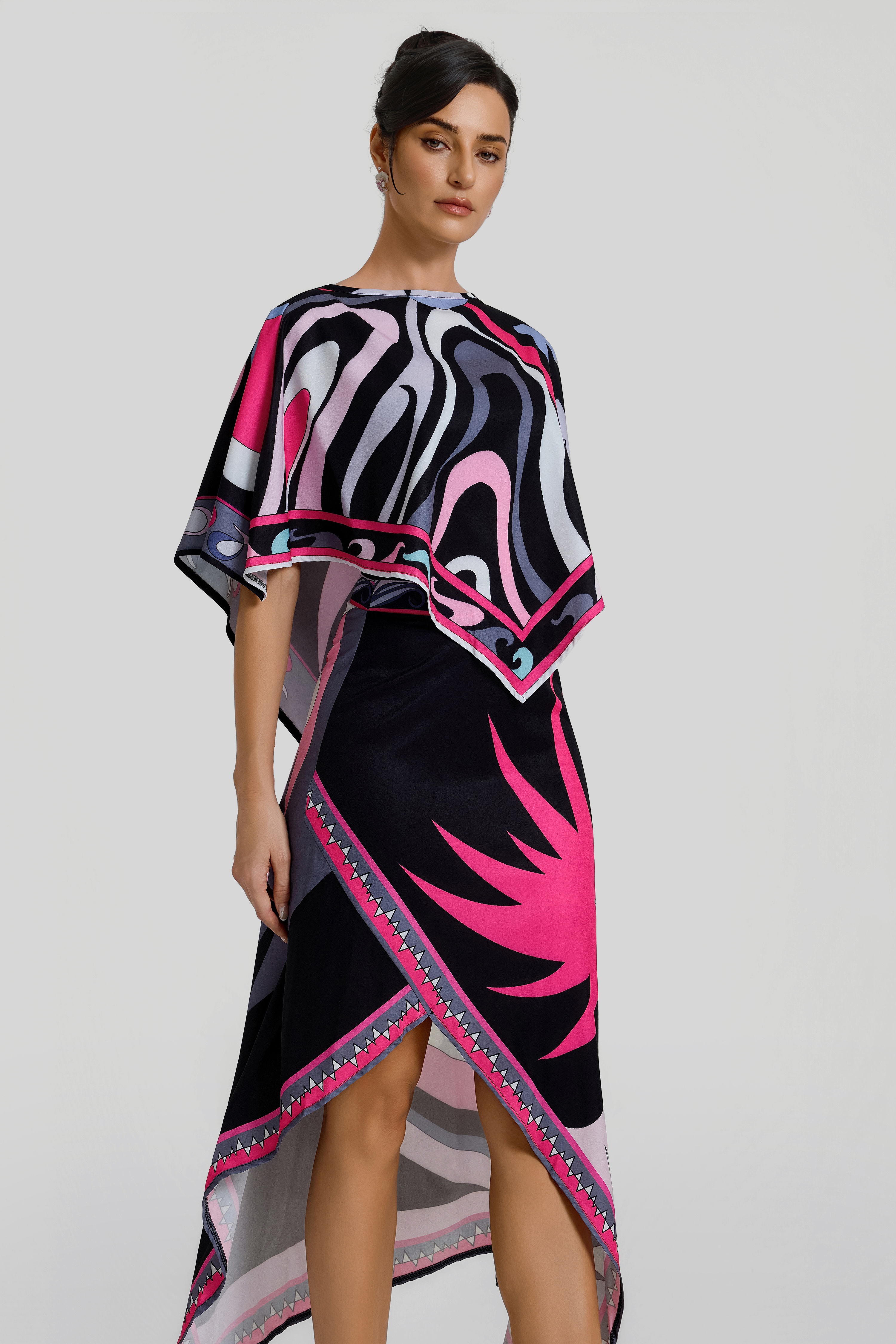 Scarf Print Cape Top & Slit High Waist Midi Skirt Set