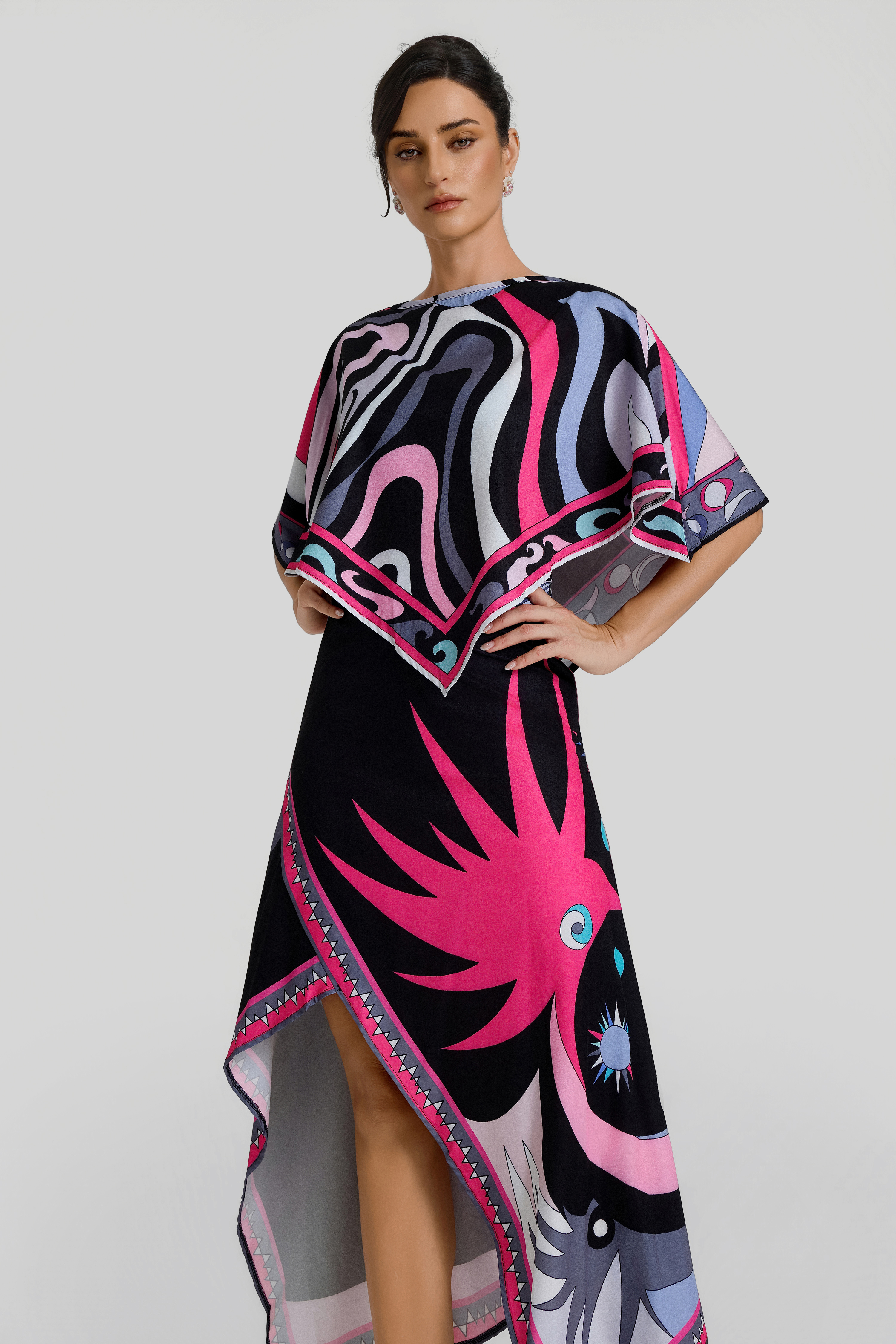 Scarf Print Cape Top & Slit High Waist Midi Skirt Set