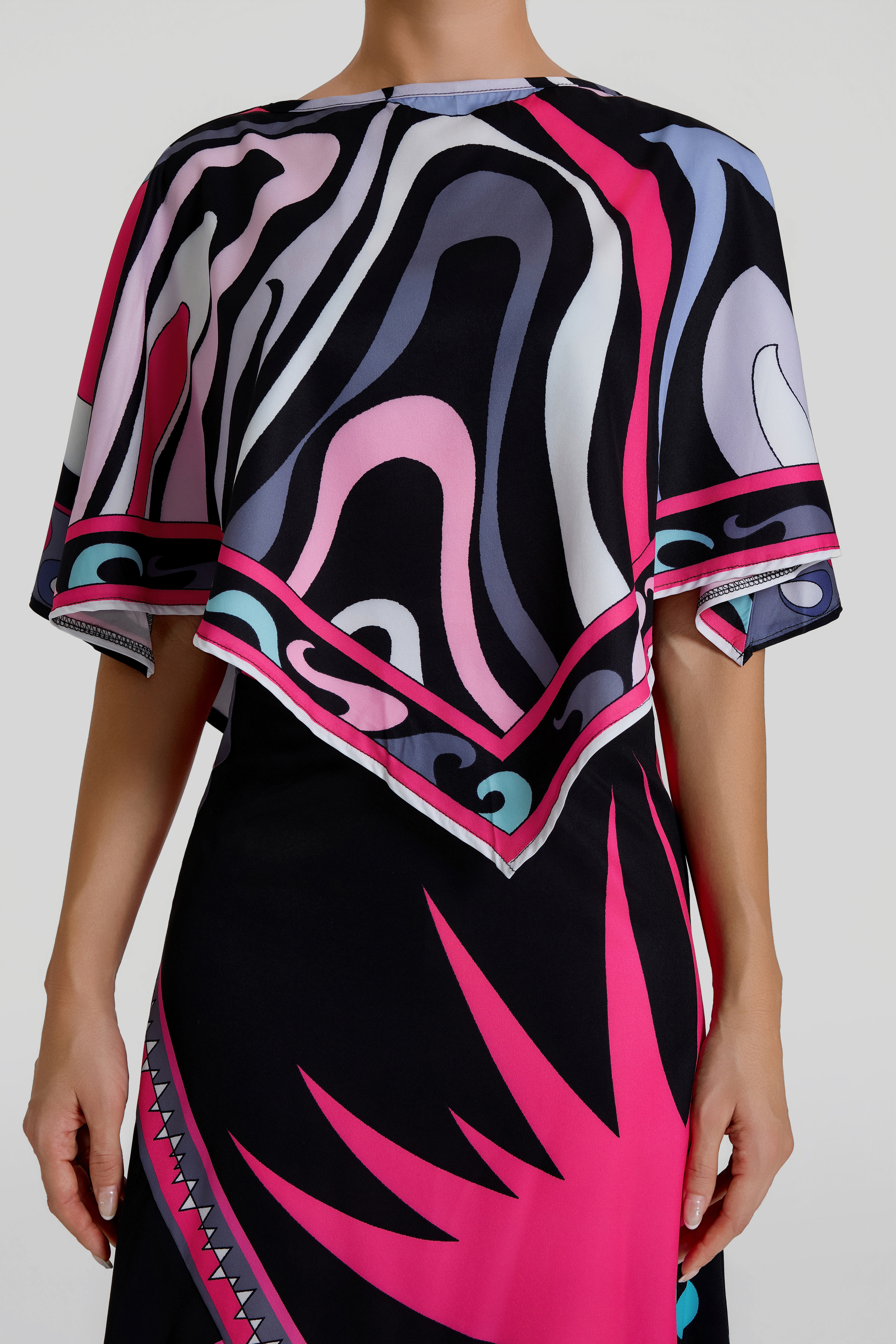 Scarf Print Cape Top & Slit High Waist Midi Skirt Set