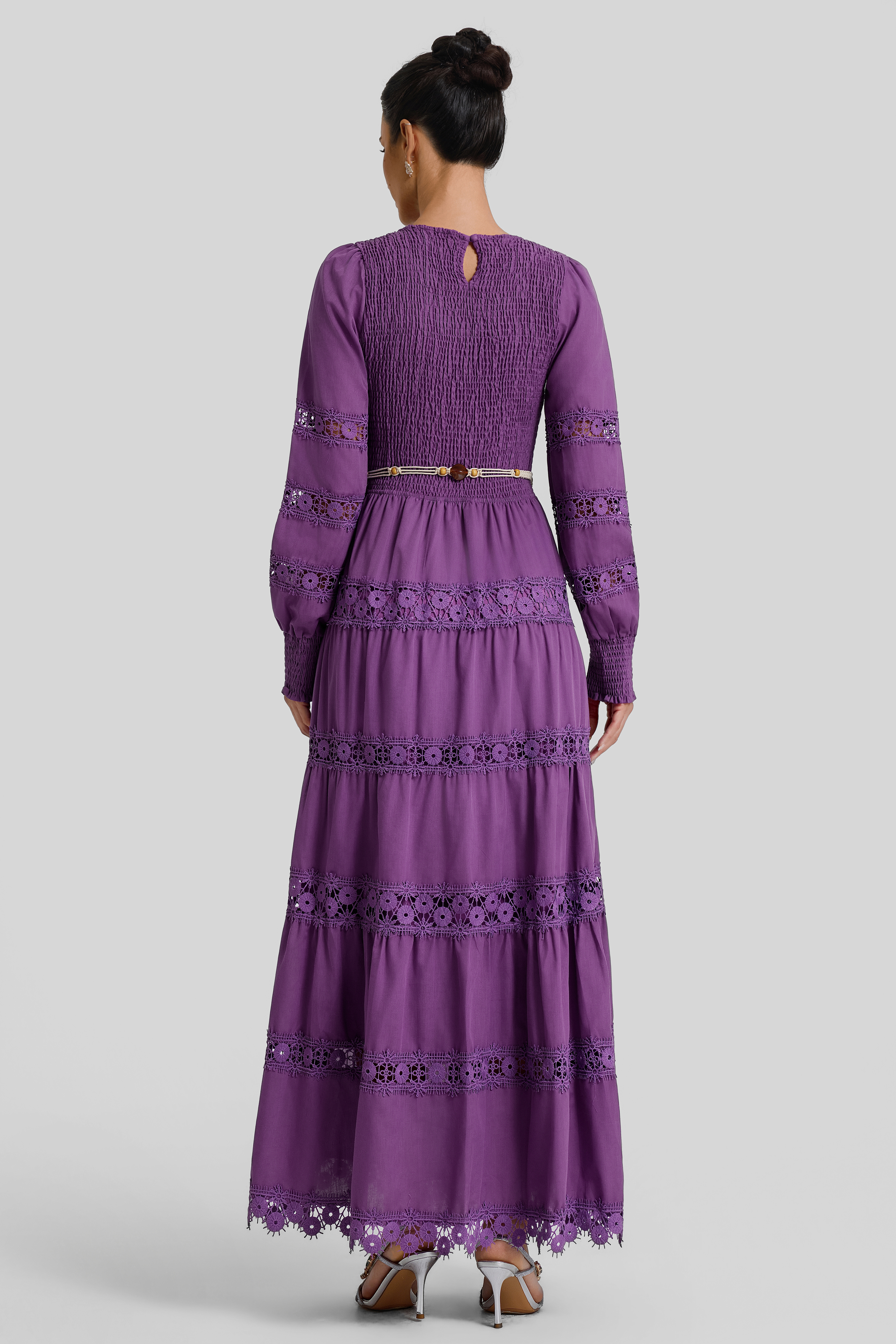 Smocking Lace Splicing Midi Dress