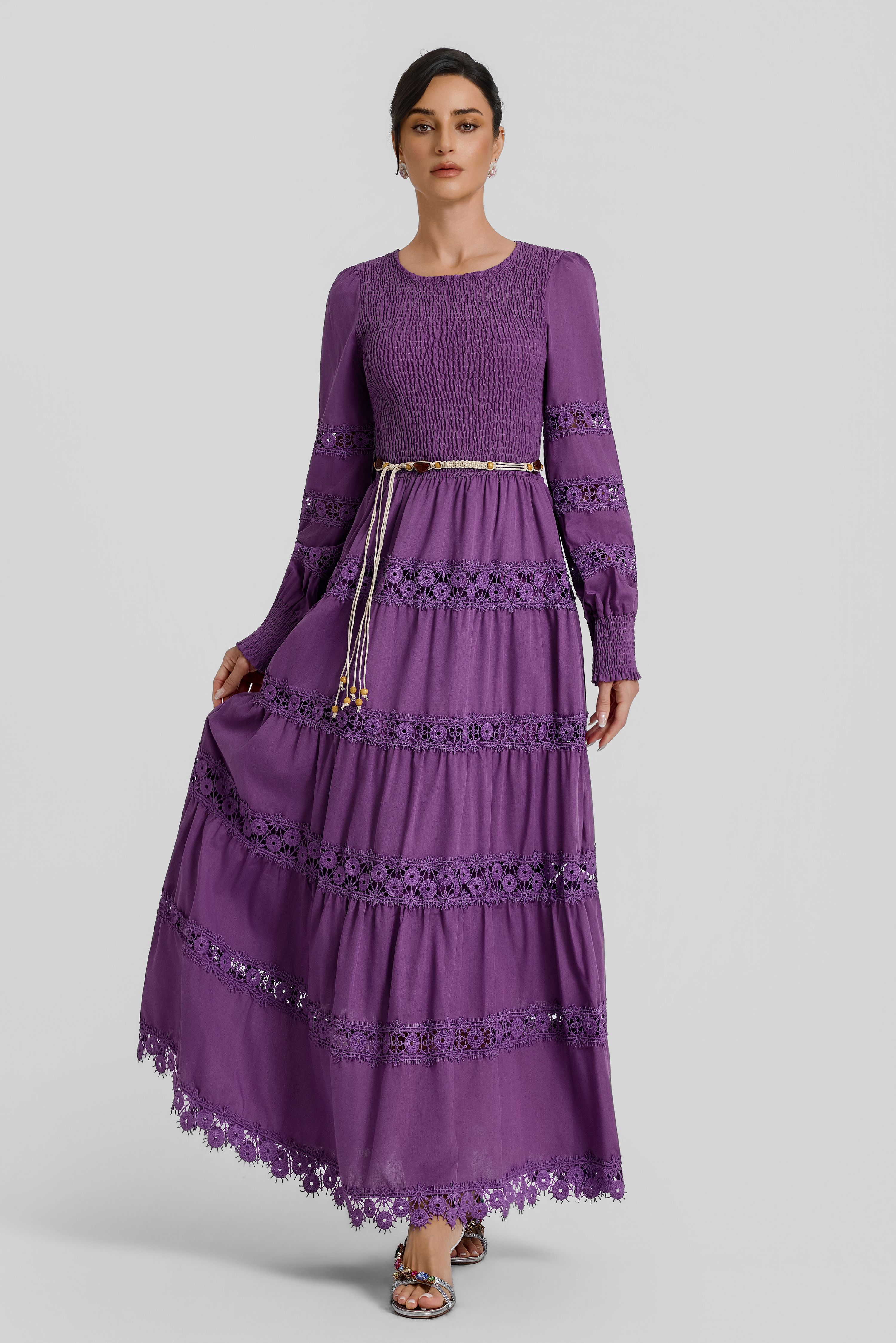 Smocking Lace Splicing Midi Dress