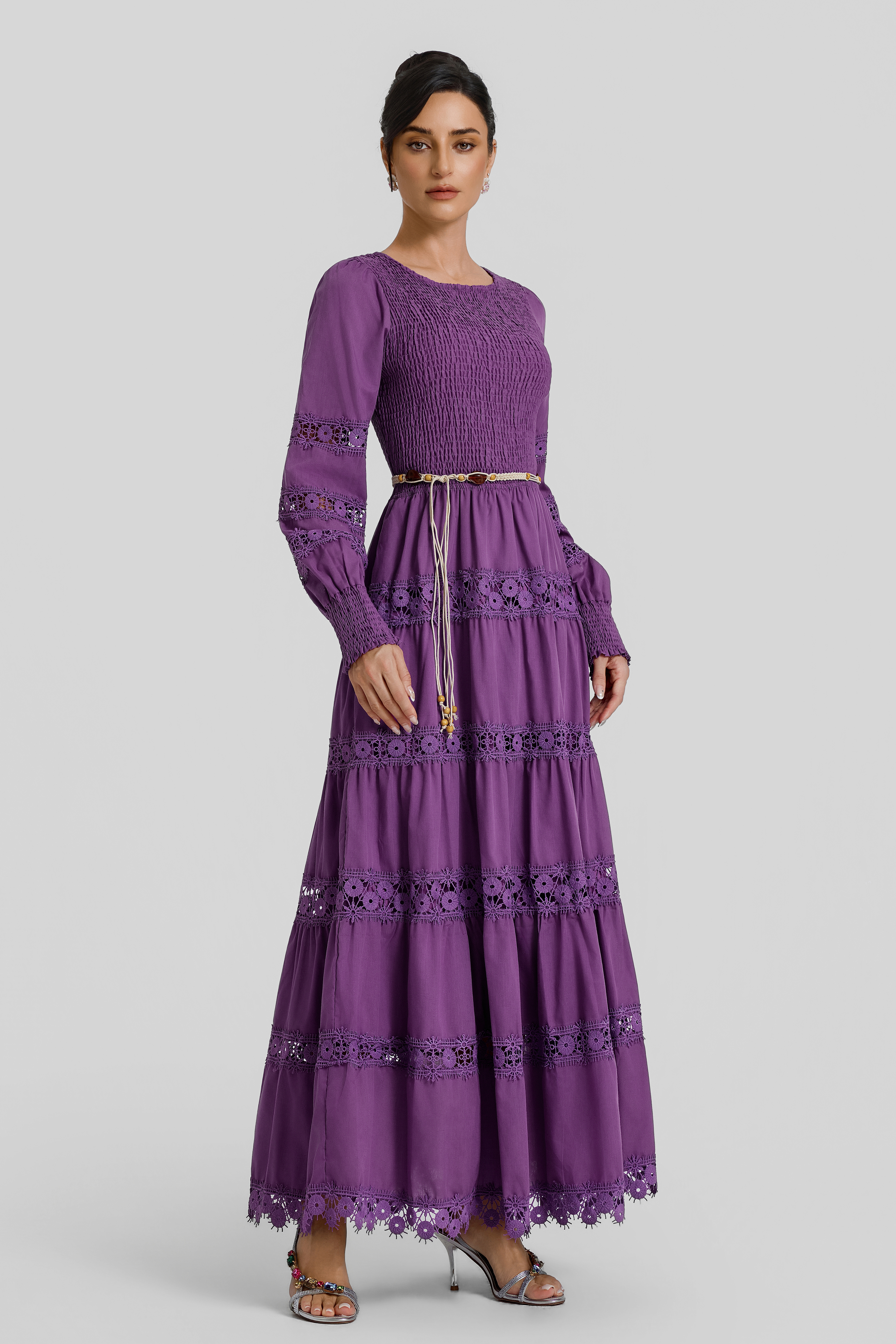 Smocking Lace Splicing Midi Dress