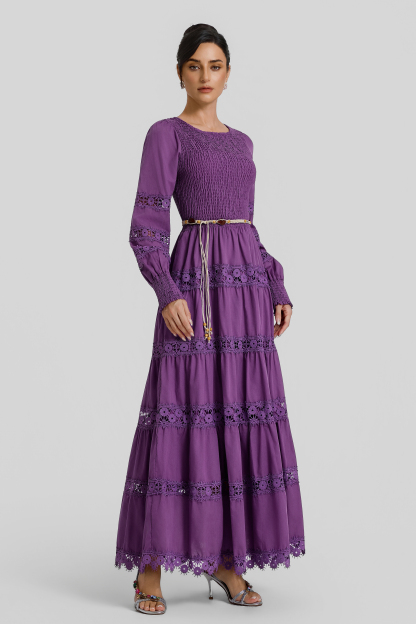 Smocking Lace Splicing Midi Dress