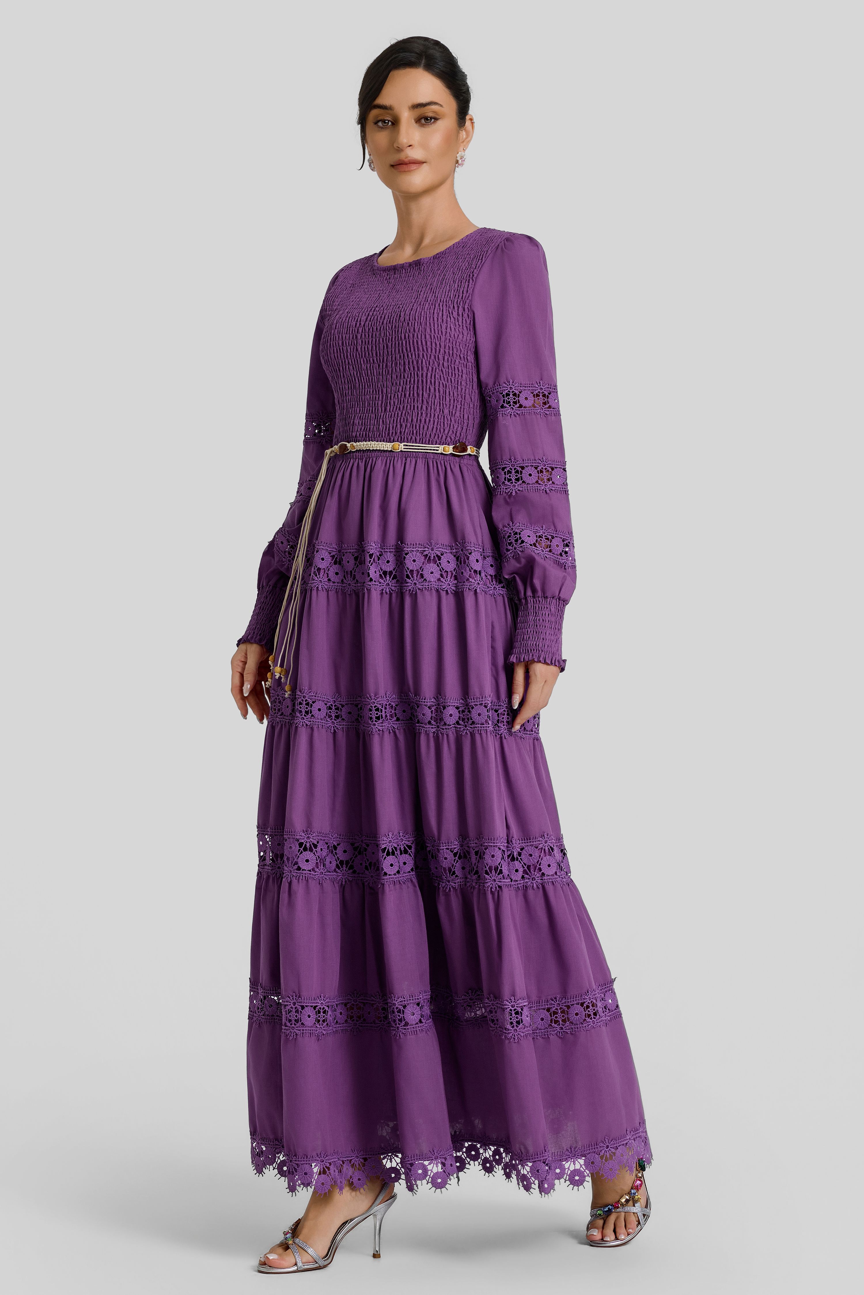 Smocking Lace Splicing Midi Dress