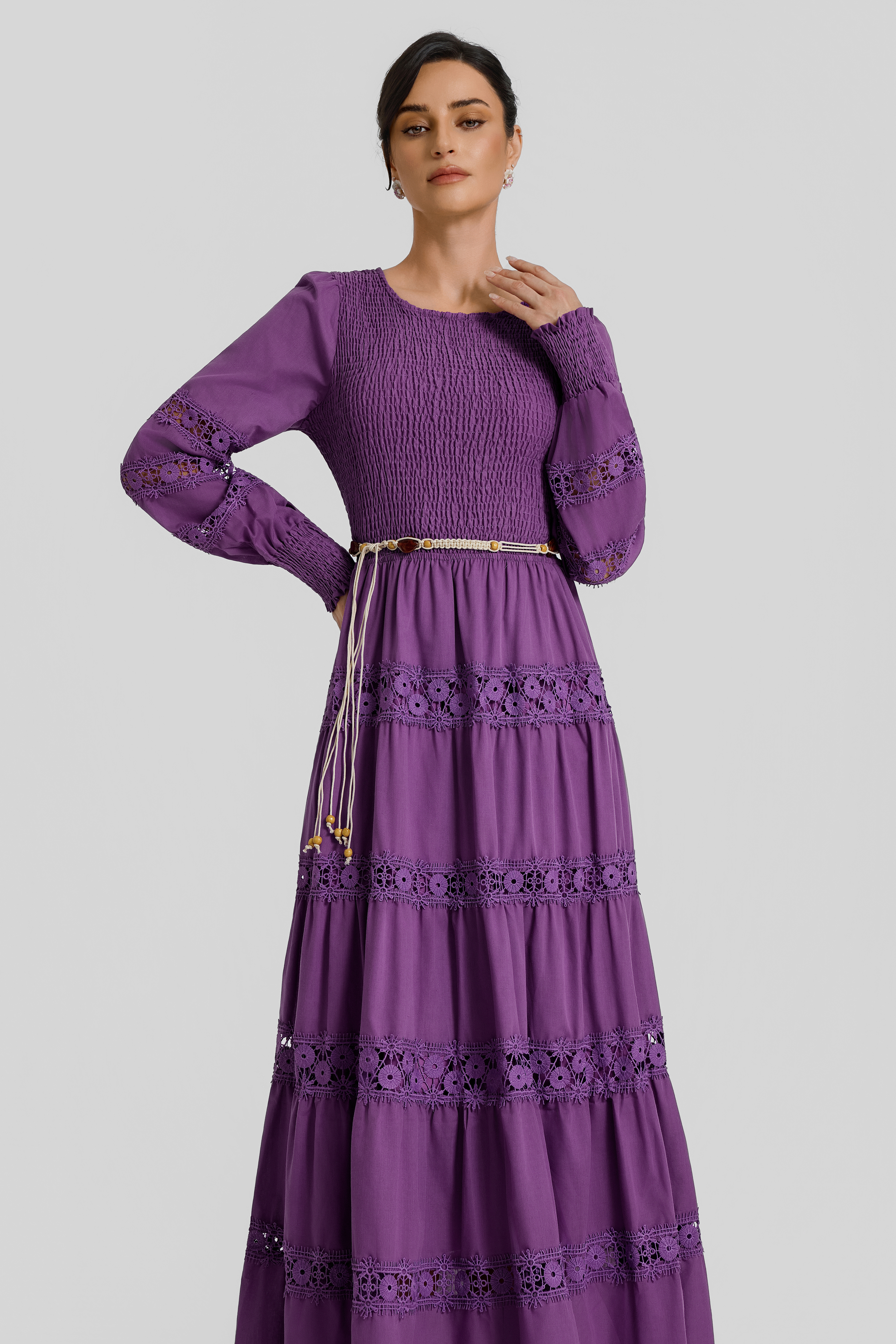 Smocking Lace Splicing Midi Dress