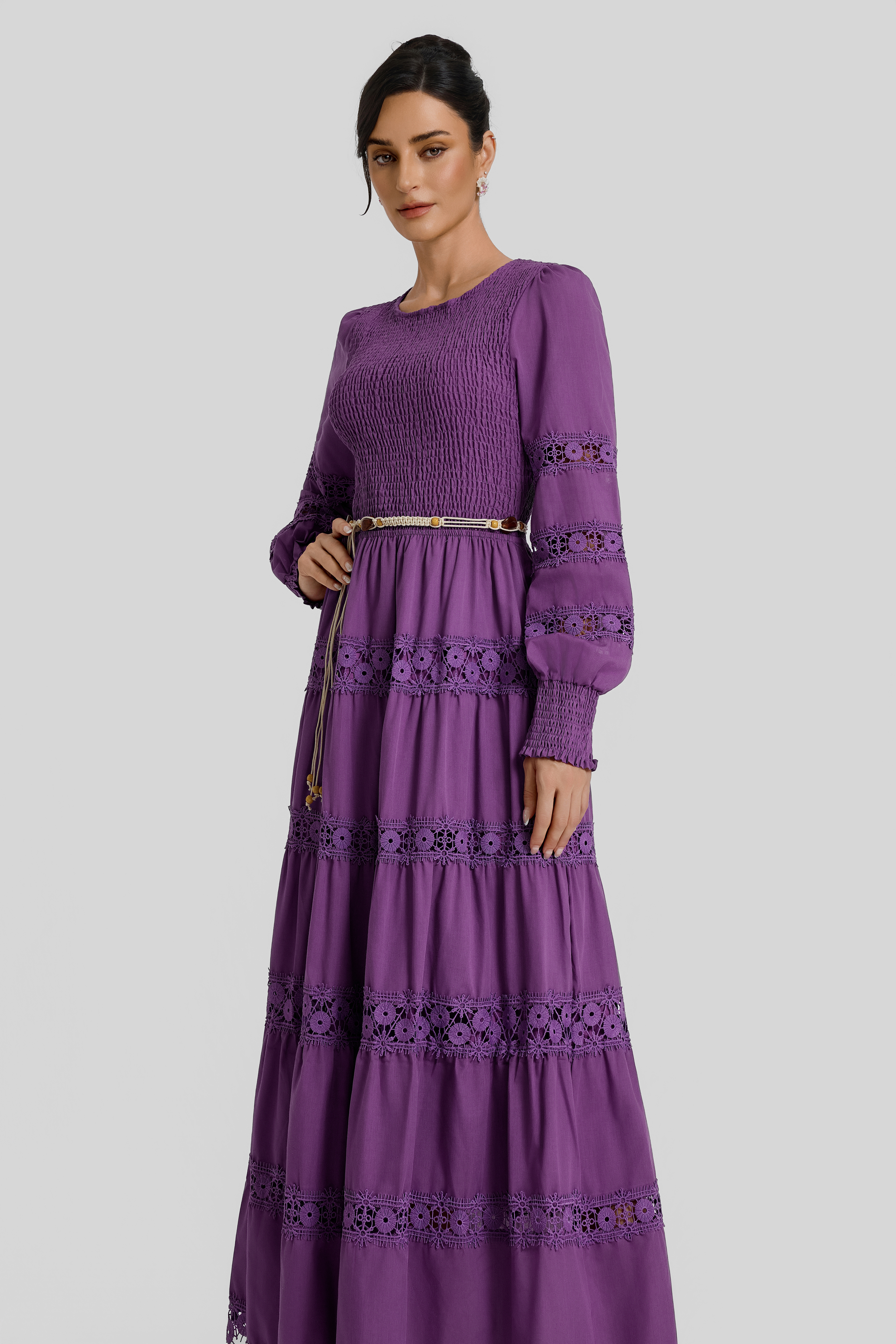 Smocking Lace Splicing Midi Dress