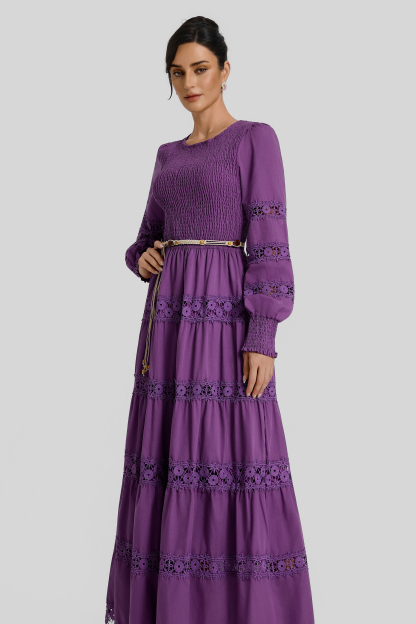Smocking Lace Splicing Midi Dress