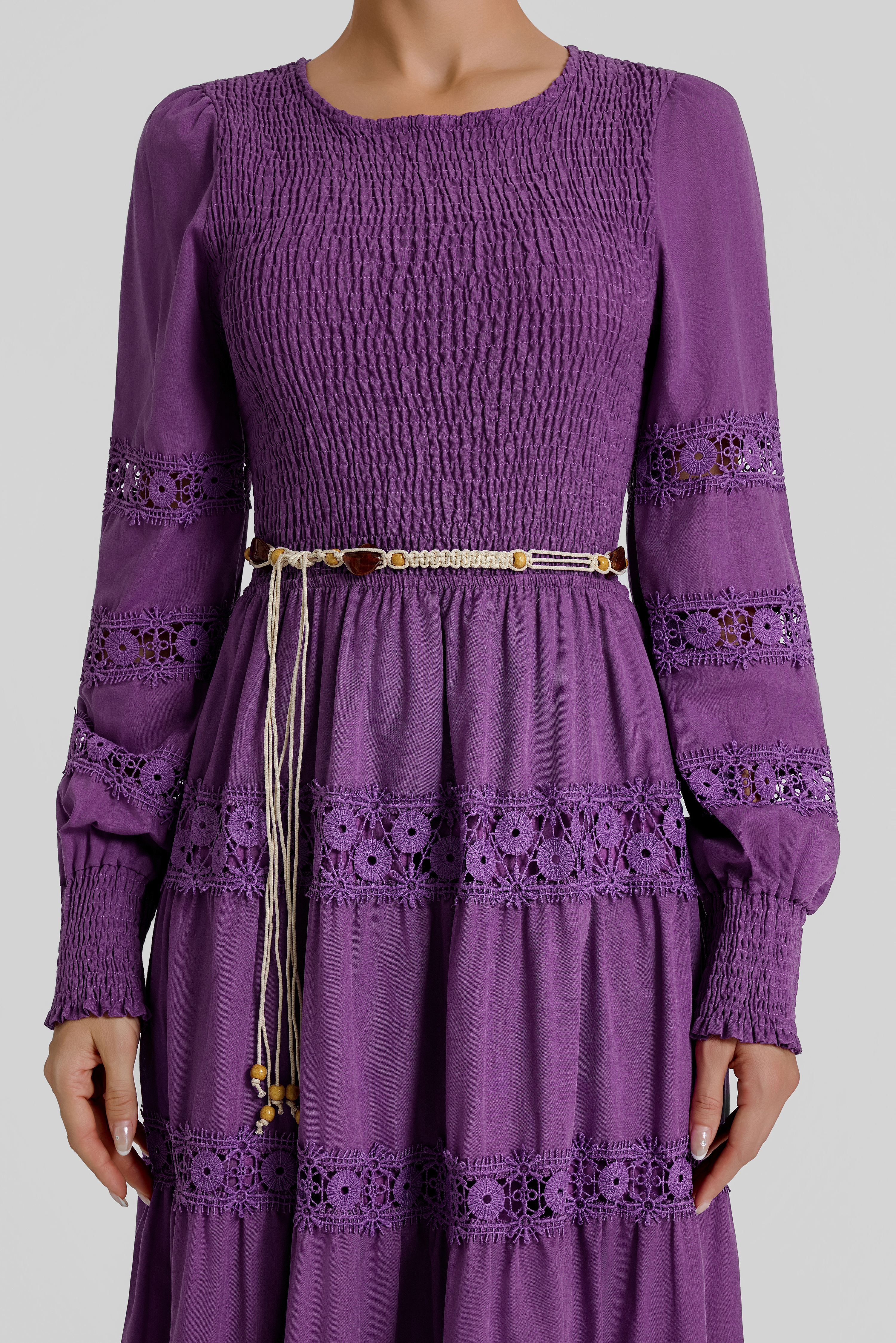 Smocking Lace Splicing Midi Dress