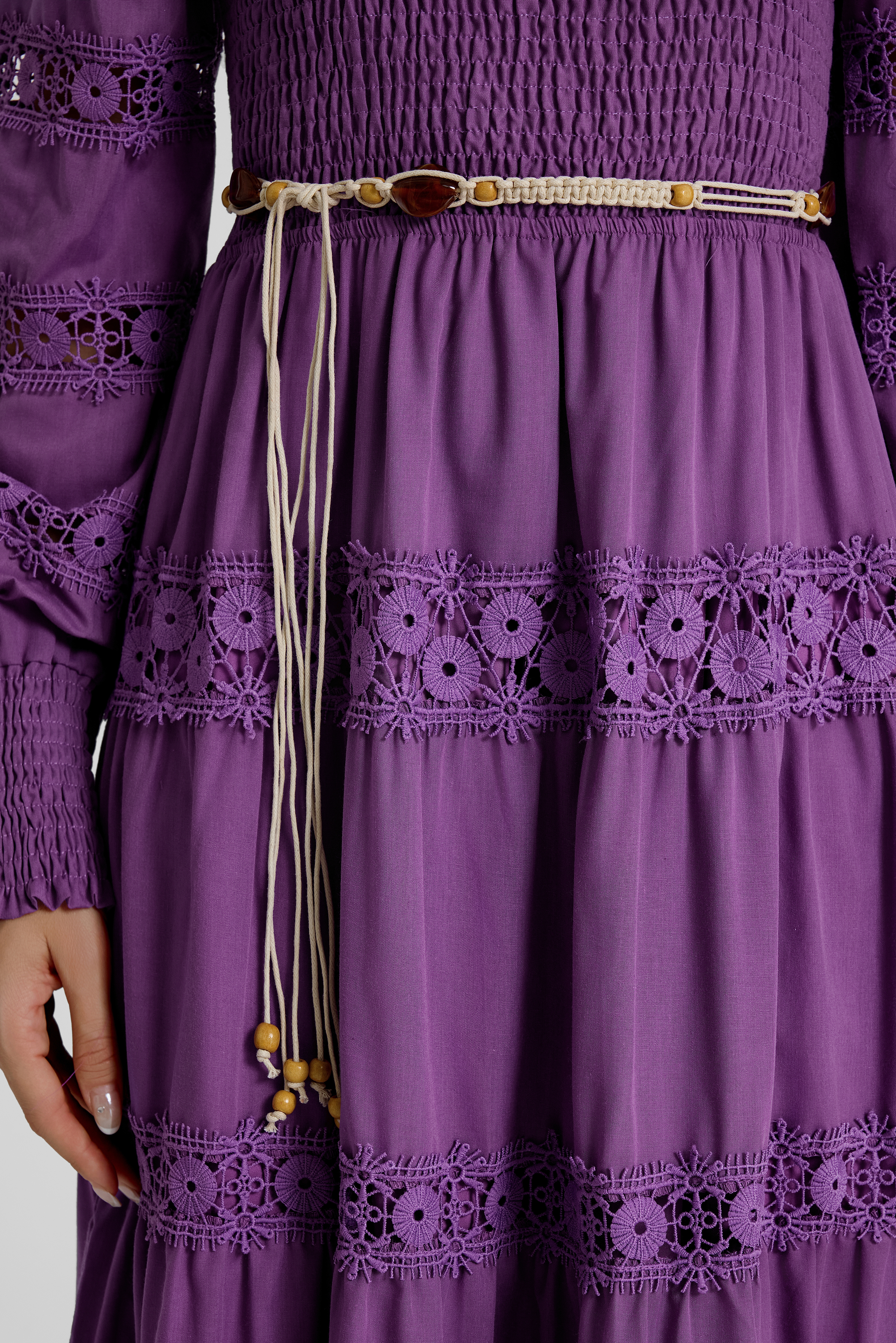 Smocking Lace Splicing Midi Dress