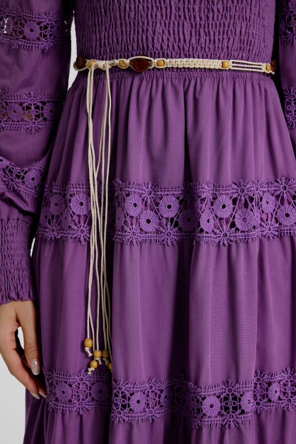 Smocking Lace Splicing Midi Dress