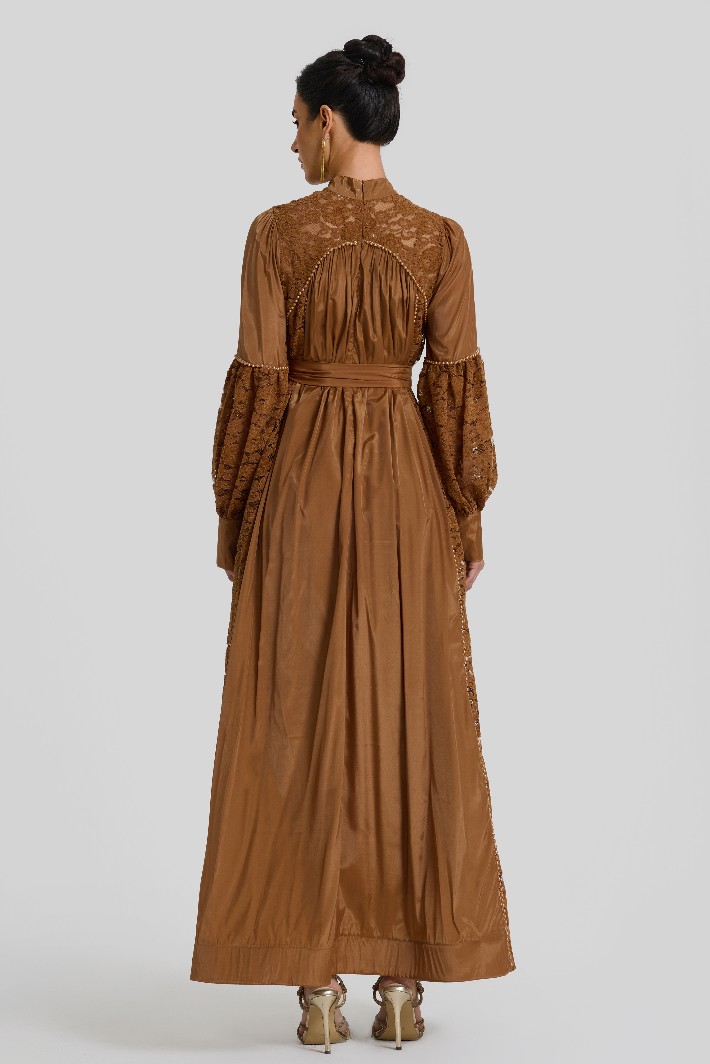 Faux Pearl Lace Lantern Sleeve Midi Dress