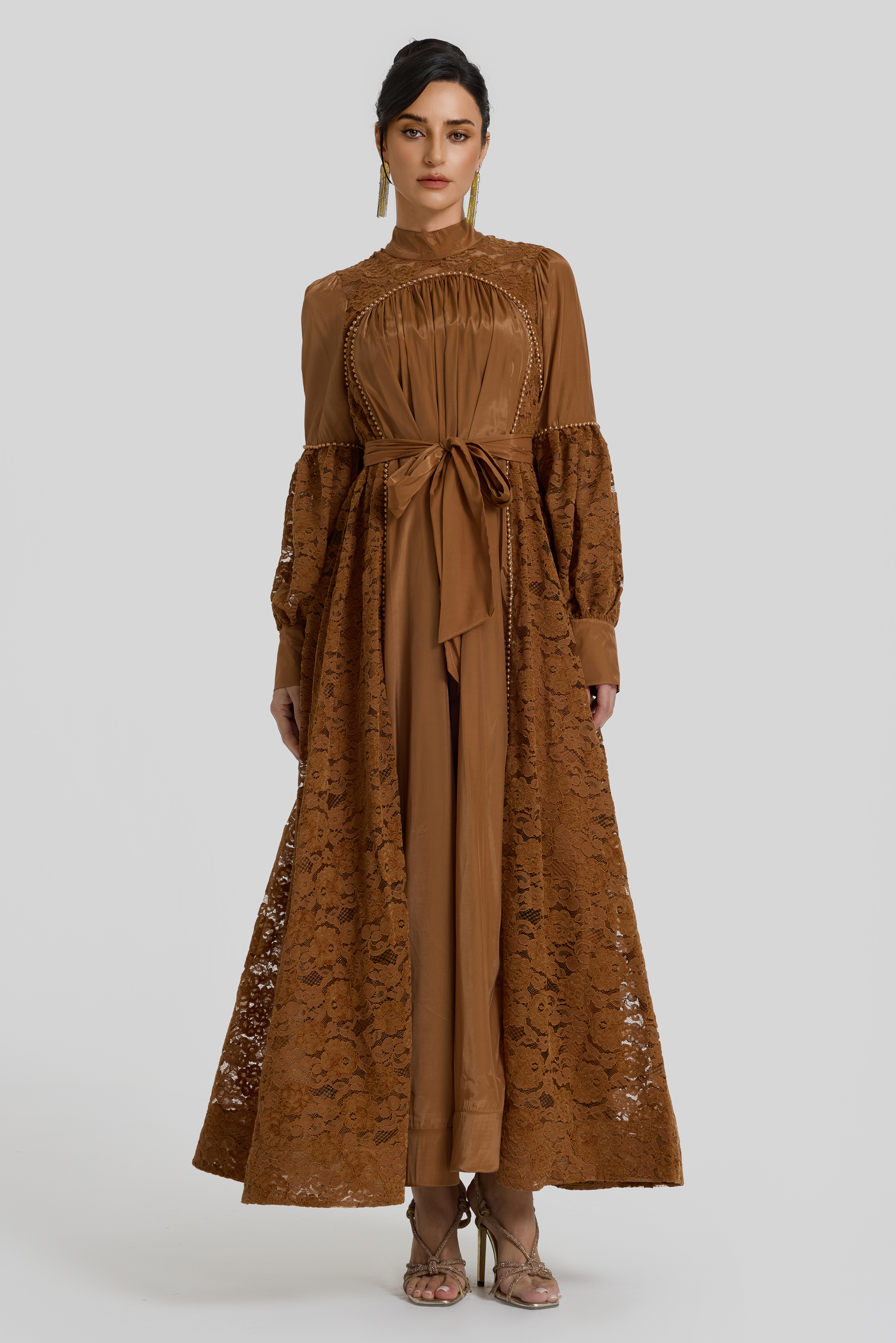 Faux Pearl Lace Lantern Sleeve Midi Dress