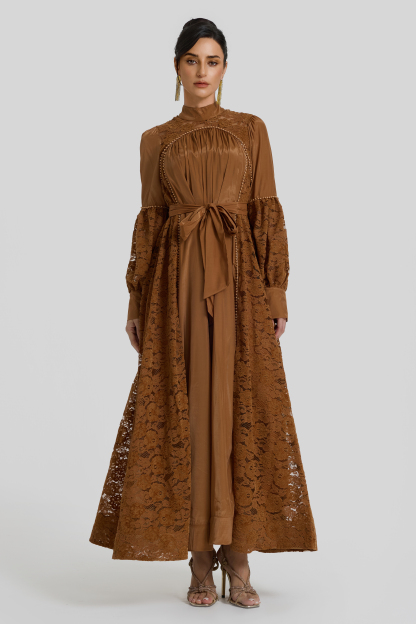 Faux Pearl Lace Lantern Sleeve Midi Dress