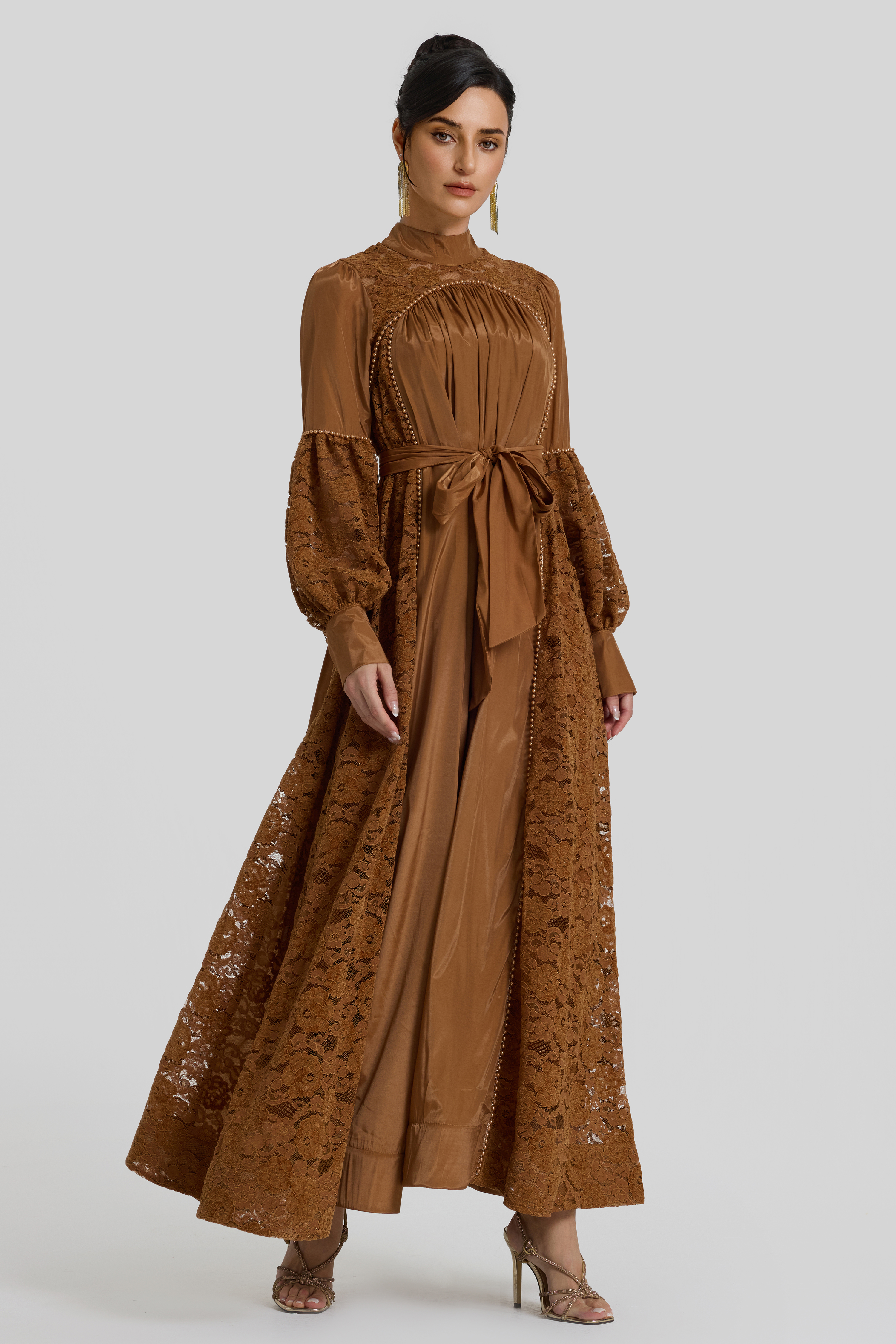 Faux Pearl Lace Lantern Sleeve Midi Dress