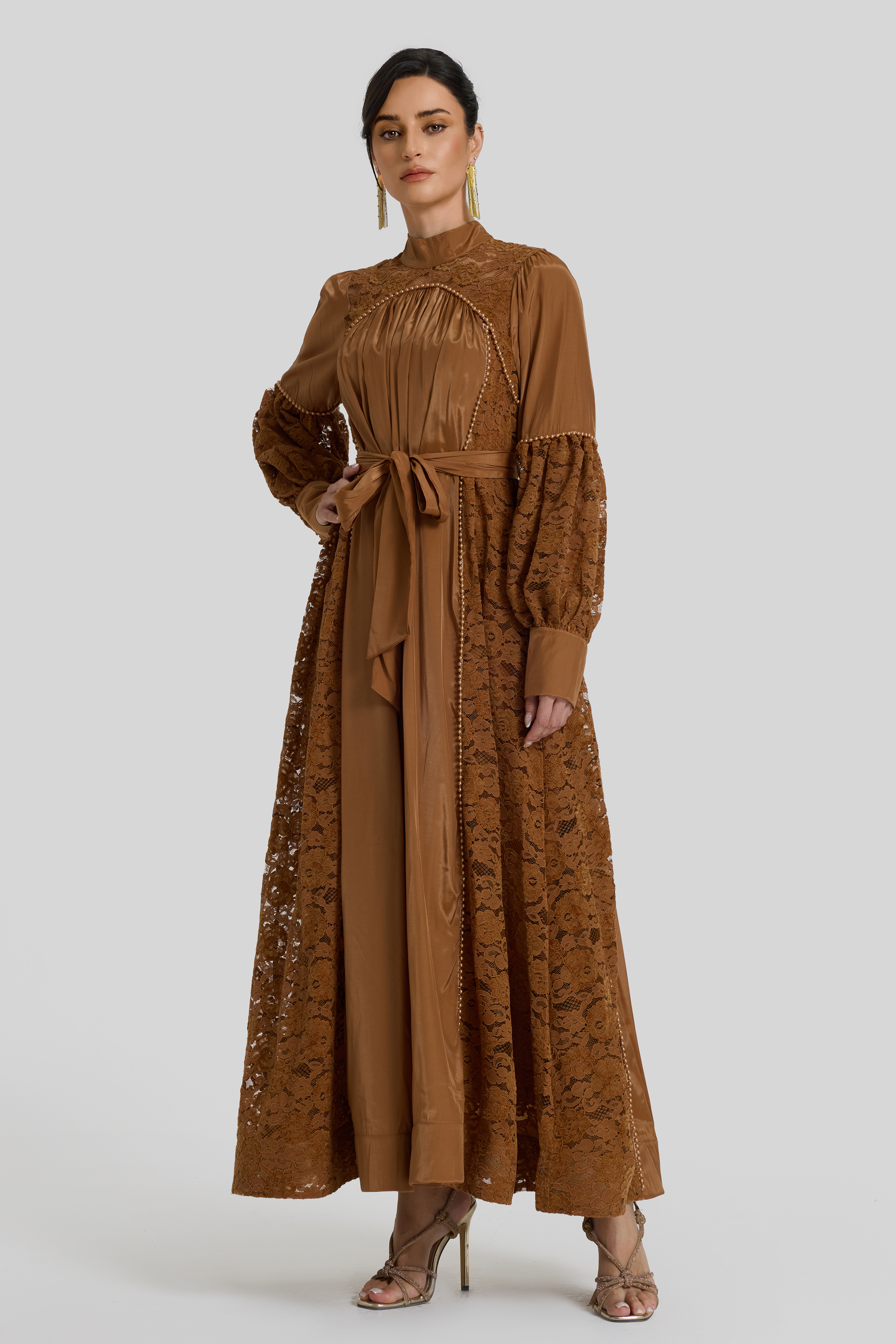 Faux Pearl Lace Lantern Sleeve Midi Dress