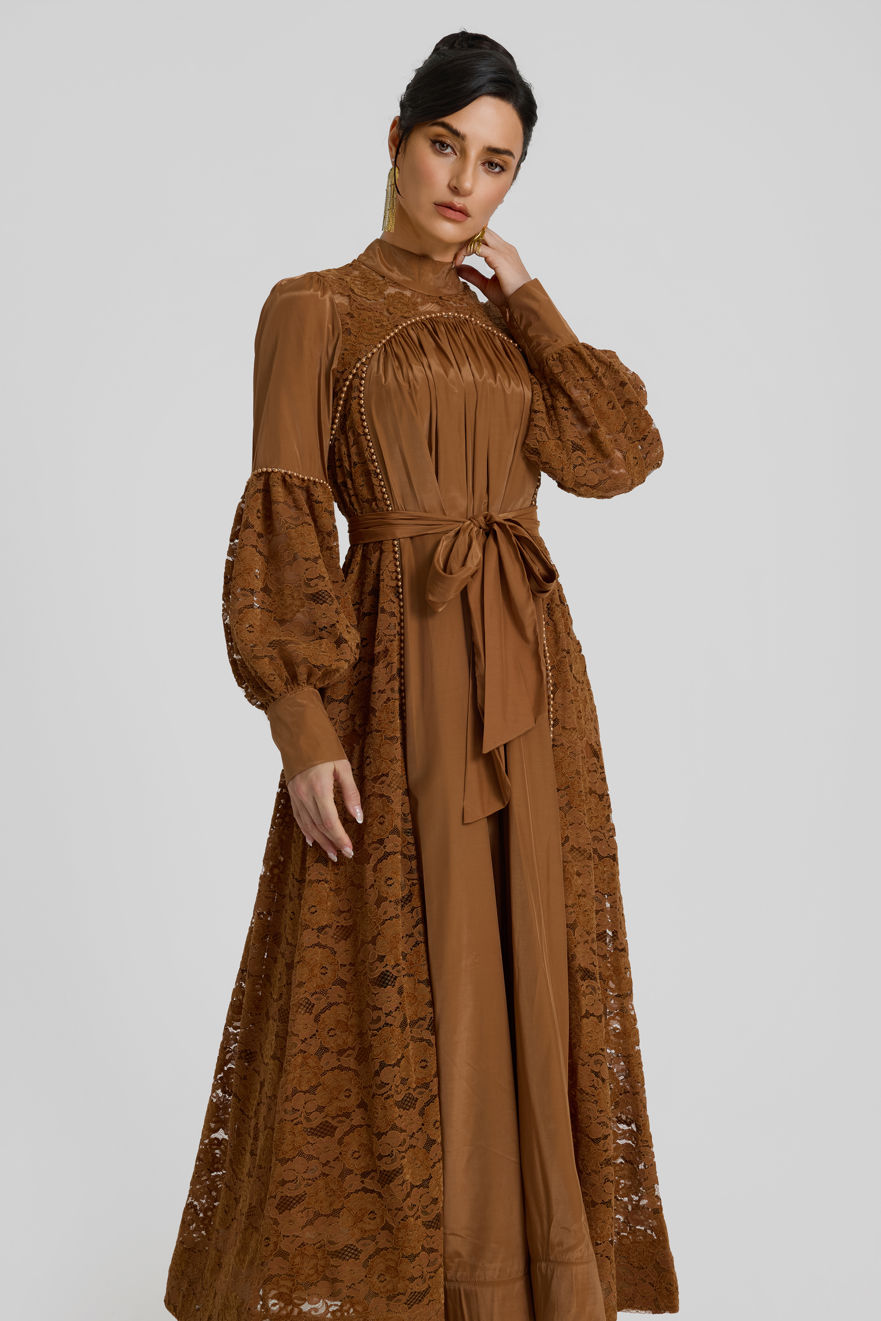 Faux Pearl Lace Lantern Sleeve Midi Dress