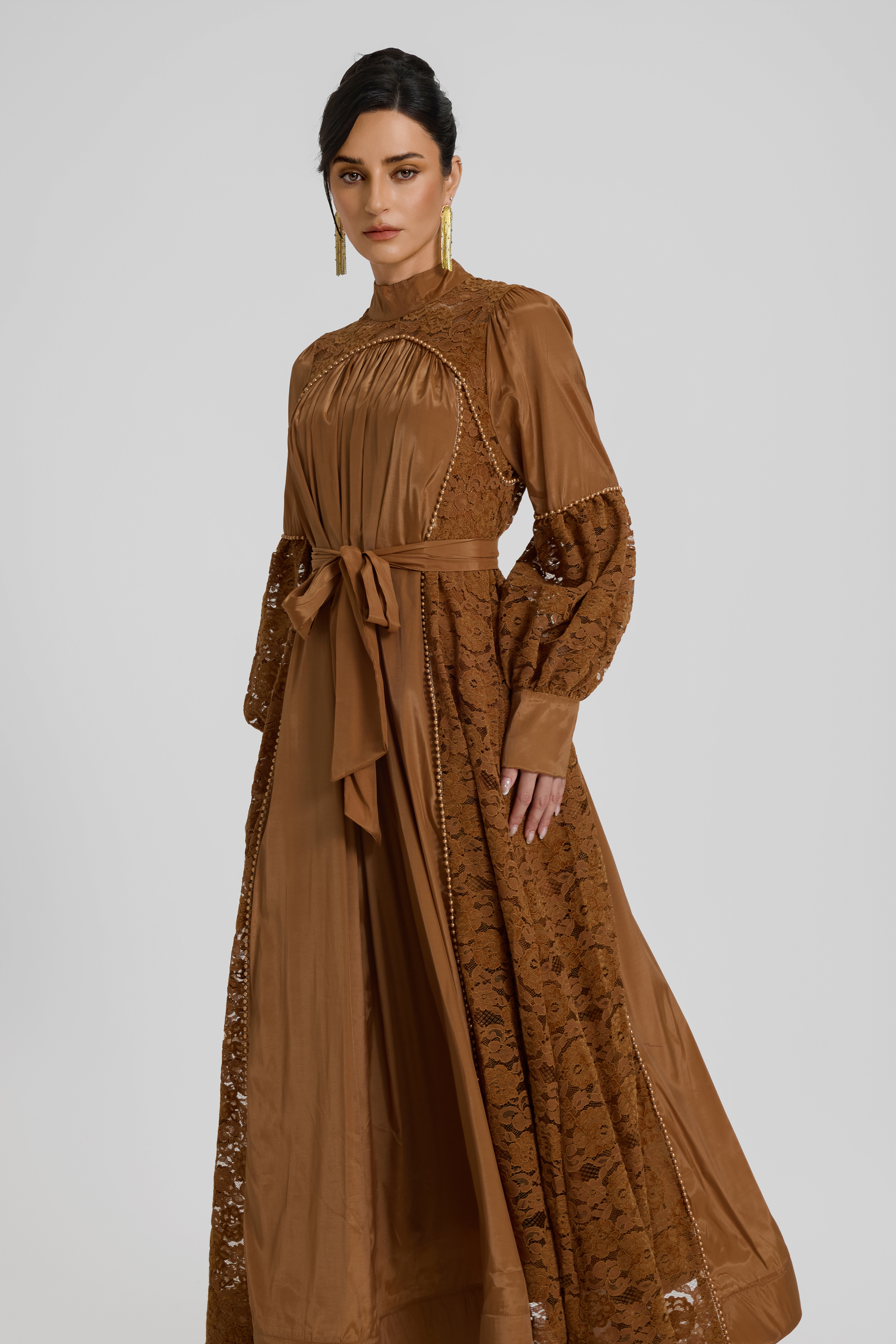 Faux Pearl Lace Lantern Sleeve Midi Dress
