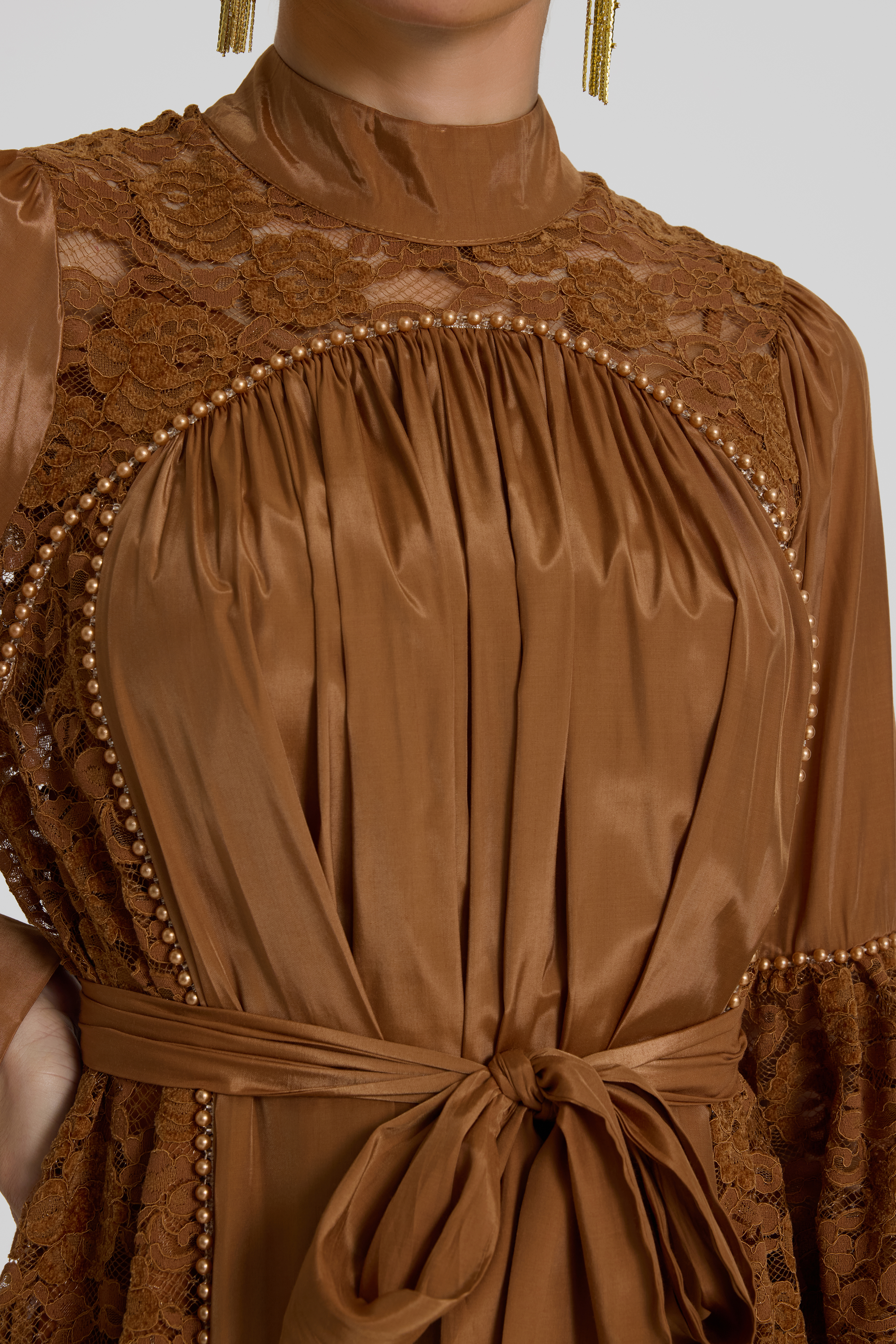 Faux Pearl Lace Lantern Sleeve Midi Dress